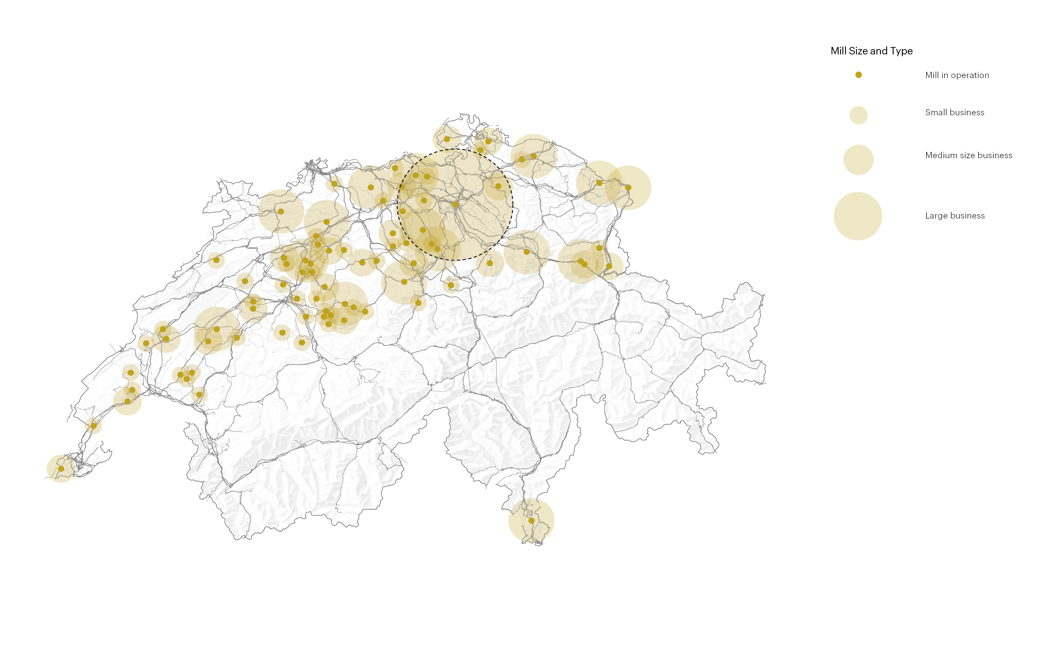 Through processes of industrialisation of production such as fusion, expansion, and modernisation only around 70 mills are in operation nowadays. They are located mostly on the Swiss Plateau, well connected to the transportation networks.