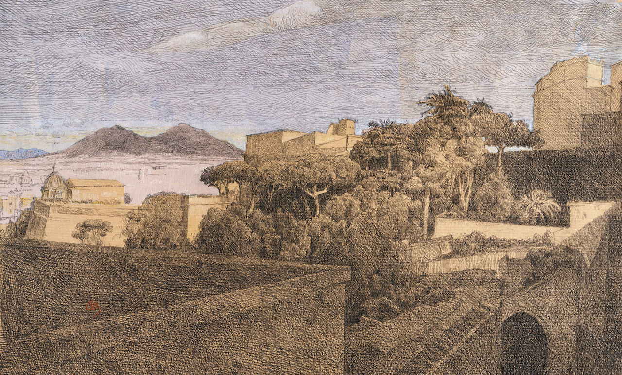 Charles-Elie Delprat Naples, Scala Montesanto, 2024 Pierre noire et pastel sur papiers teintés et collés 30 x 49,5 cm © Tony Querrec