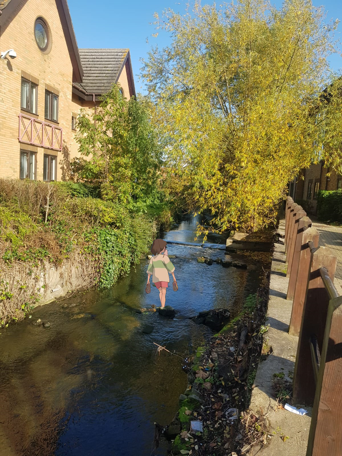 one summers day (2020) photo taken by me at hogsmill river. this piece is probably my favourite of the entire series- the character, chihiro, is from my favourite film, spirited away. i knew after i watched this film for the first time that i wanted to be an artist, and combining that with a location at my arts university was a beautiful, emotional experience.
