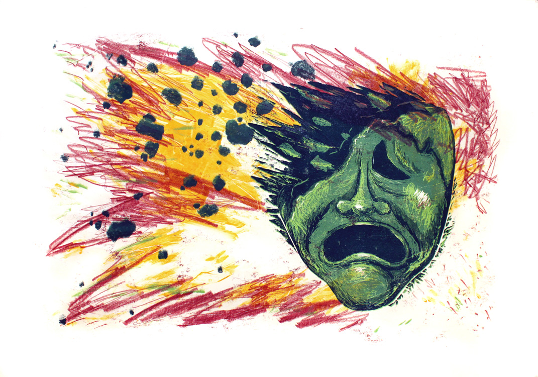 Anguish, monotype & woodblock relief printing, May 2013, 30" x 44