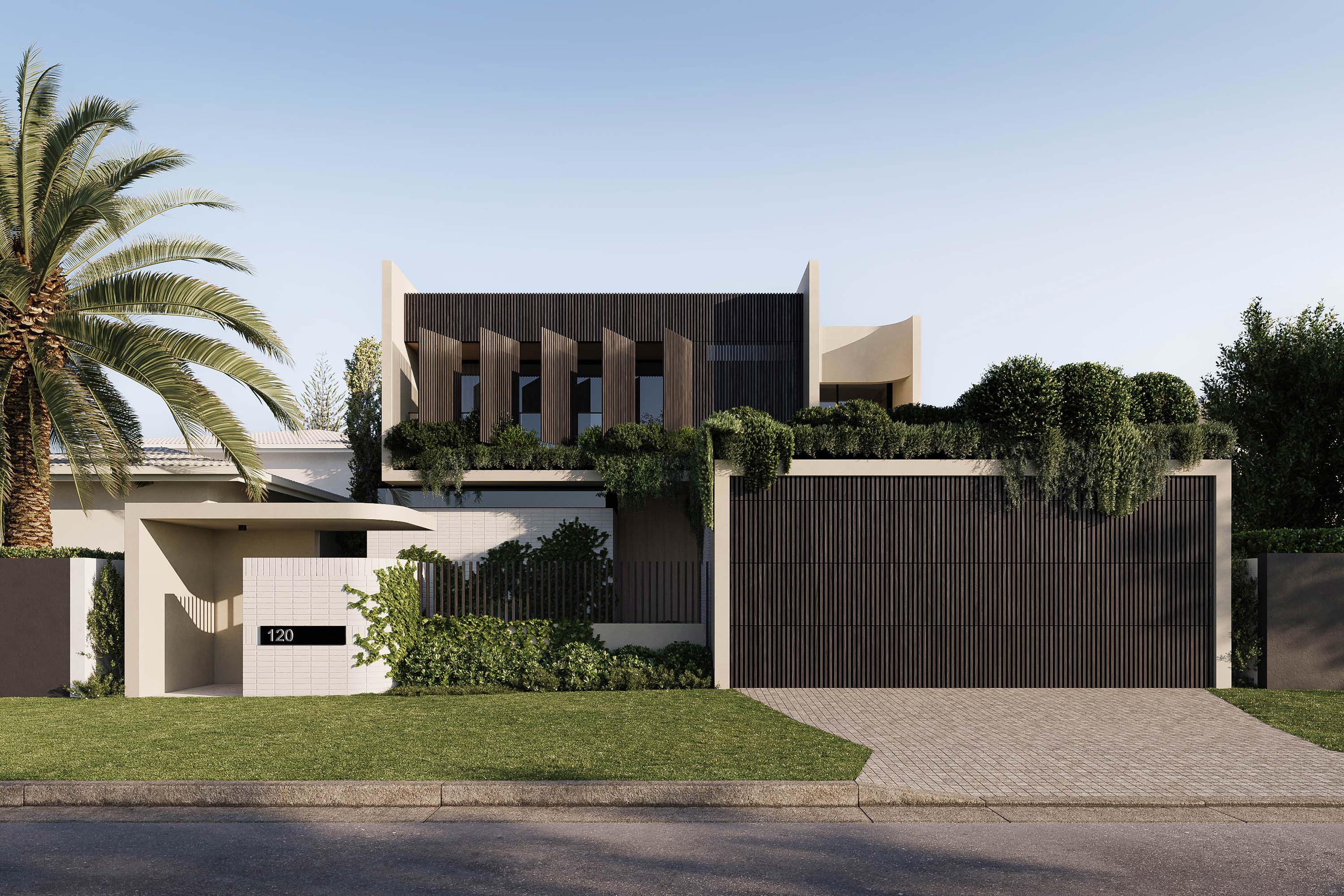 Luxury home at 120 Amalfi Street with modern façade design, vertical timber battens, and lush greenery, Gold Coast architecture.