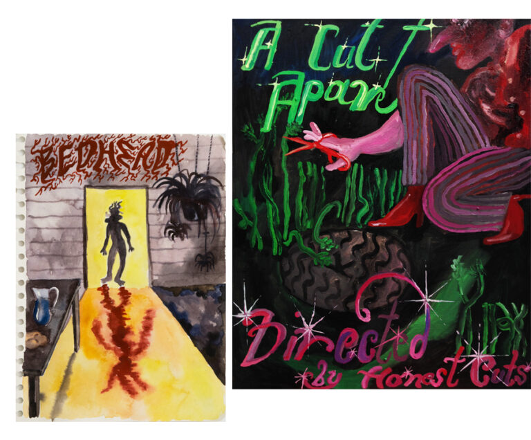 2 Paintings. The first painting is a silhouette standing in the doorway of a house. The light is behind them and they cast a long red shadow on the floor in front of them. To the left of the doorway is a table with a pitcher of water on top of it. To the right of the doorway is silhouettes of spider plants hanging from the ceiling. The second painting is of a woman wearing red high heels kneeling over some long grass with red scissors in her hand. She is looking at an imprint in the mud below her. The imprint marks the letter K. There is text that reads: "A Cut Apart, Directed by Honest Cuts". The painting is mimicking a movie poster.