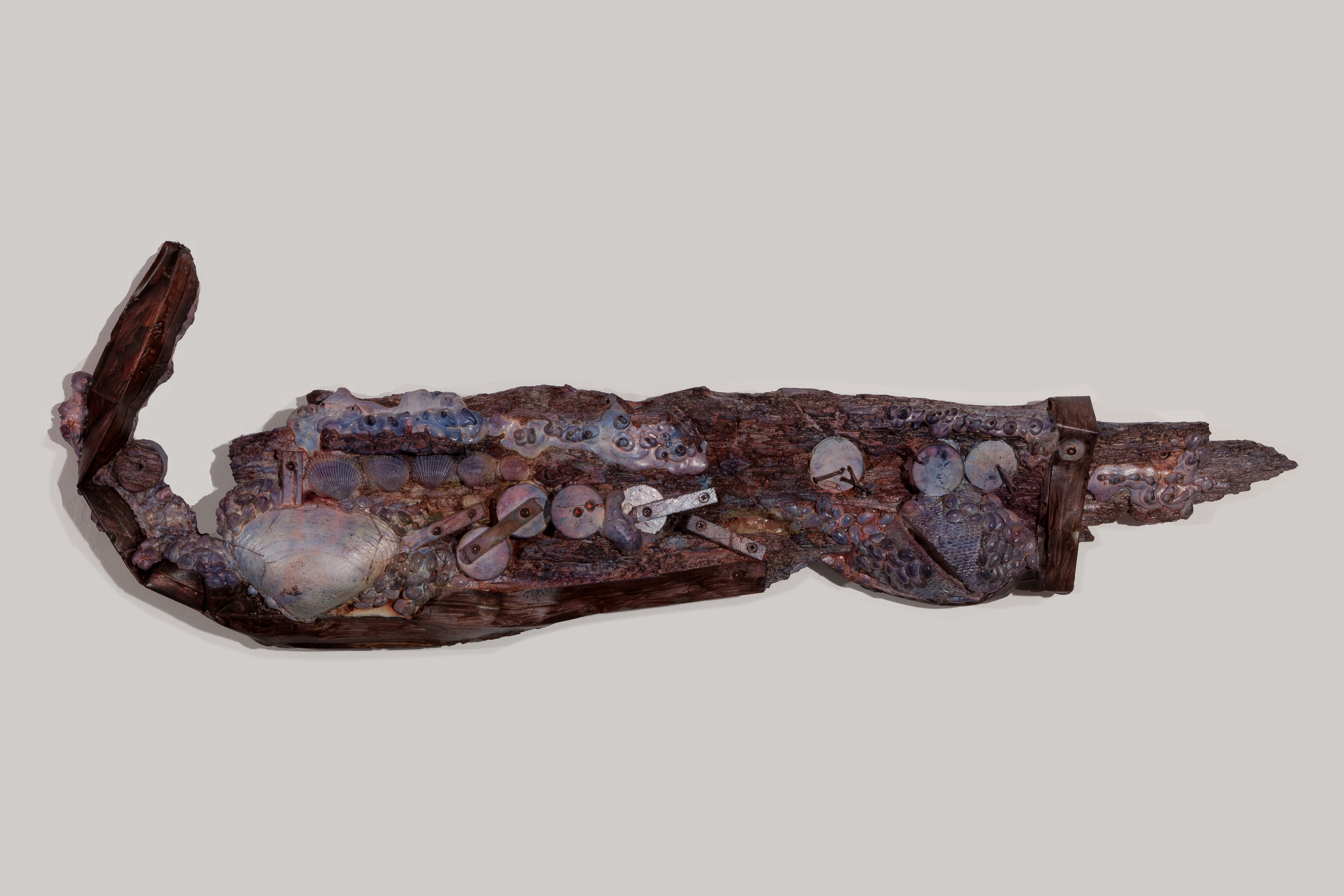 Shallow Suture, 2023, hydrocal, burlap, dye, varnish, hardware, 15 x 47 x 3-1/2 inches