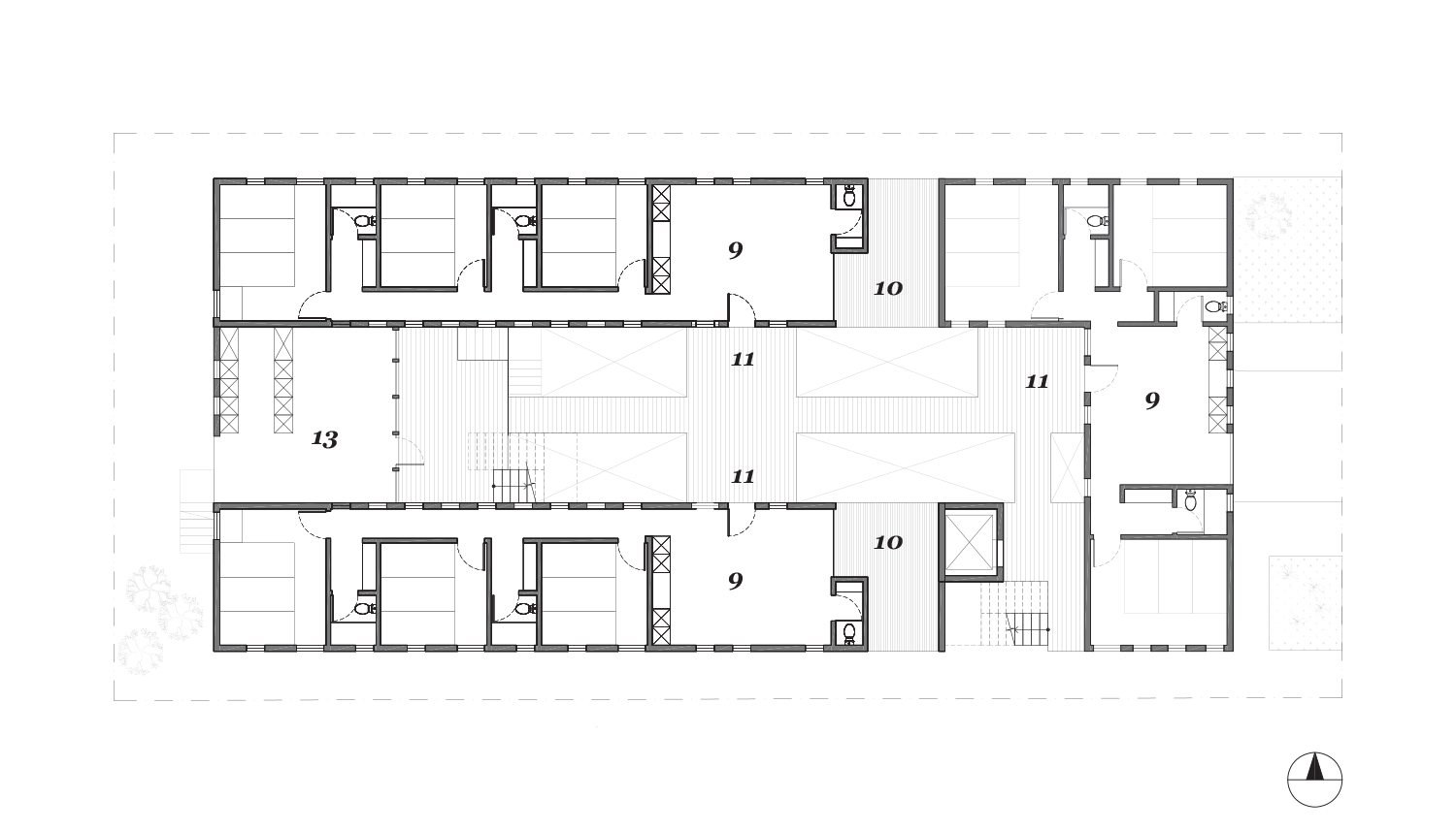 Level 03 - 1. Lobby 2. Parking 3. Laundry 4. Trash 5. Mechanical 6. Storage 7. Dog Run 8. Social Courtyard 9. 3br Unit 10. Private Patio 11. Semi-private Porch 12. Recording Studio 13. Entertainment Kitchen 14. Co-working Space 15. Roof Deck