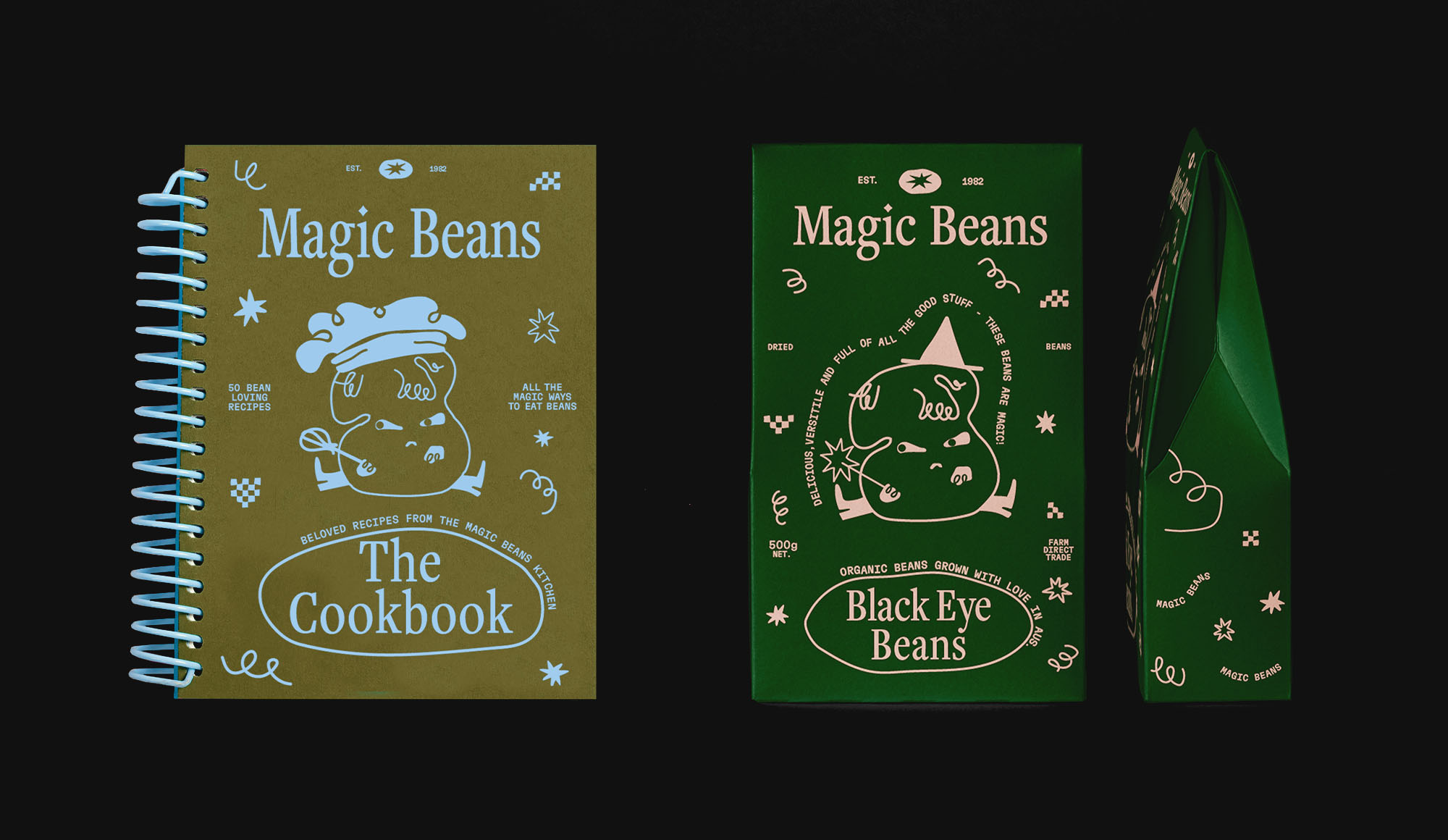 Magic Beans is an organic dried bean brand. The underlying packaging design is simple: sturdy paper pouches with a tab to lock them closed at the back. But it's whats on the outside of these bags that makes the brand stand out, illustrations and copy writing packed full of humour and personality, making the packaging as magic as the beans within.