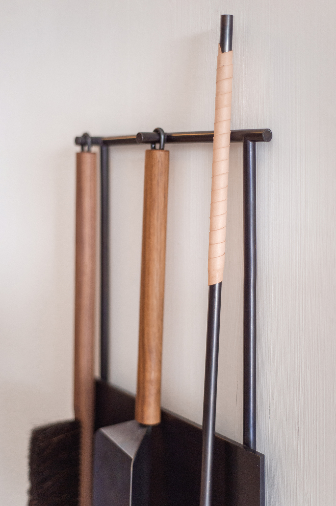 Fire Tools by Thom Fougere for Mjolk brass, oak and natural leather - Mjölk