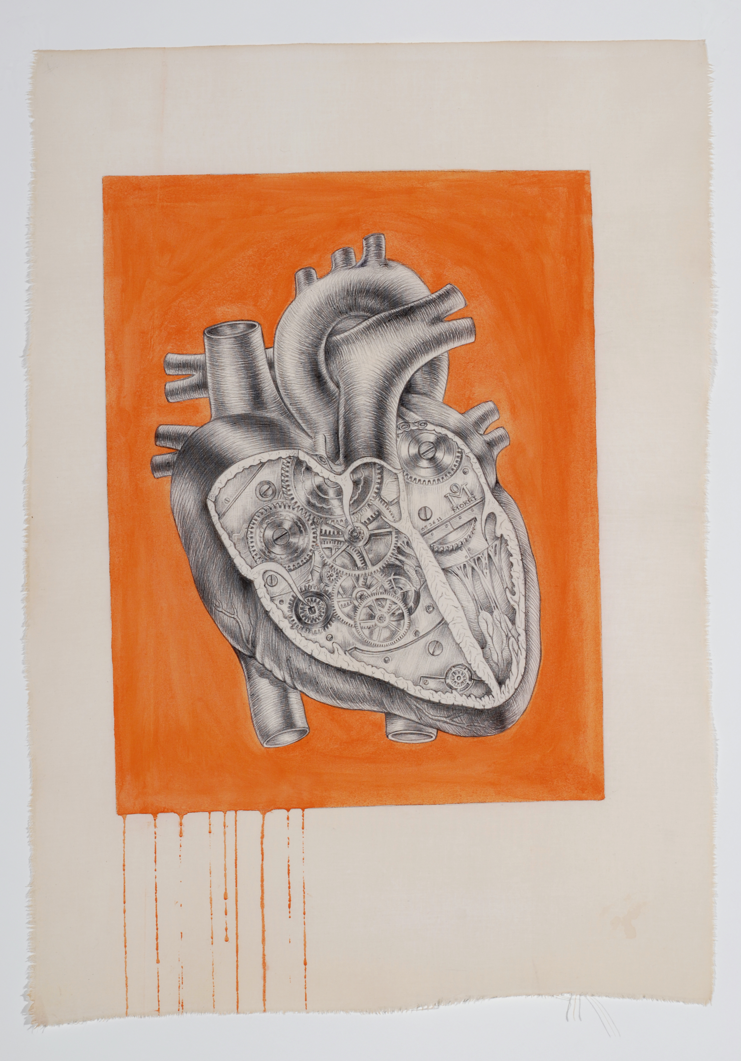 Cogwheel Heart, 20 x 28", colored pencil and colored pencil paint on pillowcase