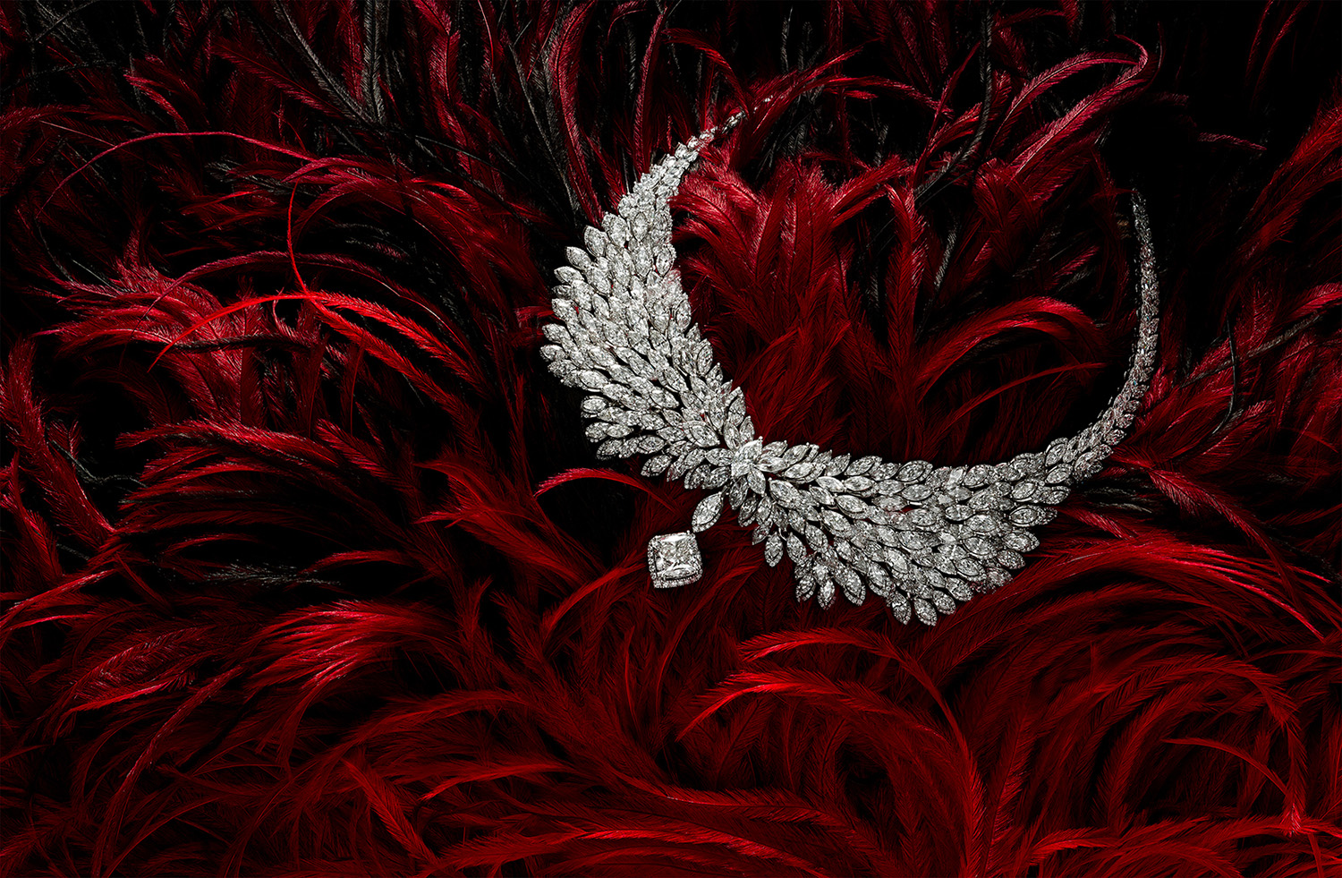 KMA photographer Isabelle Bonjean photographs diamond necklace on red feathers for Messika