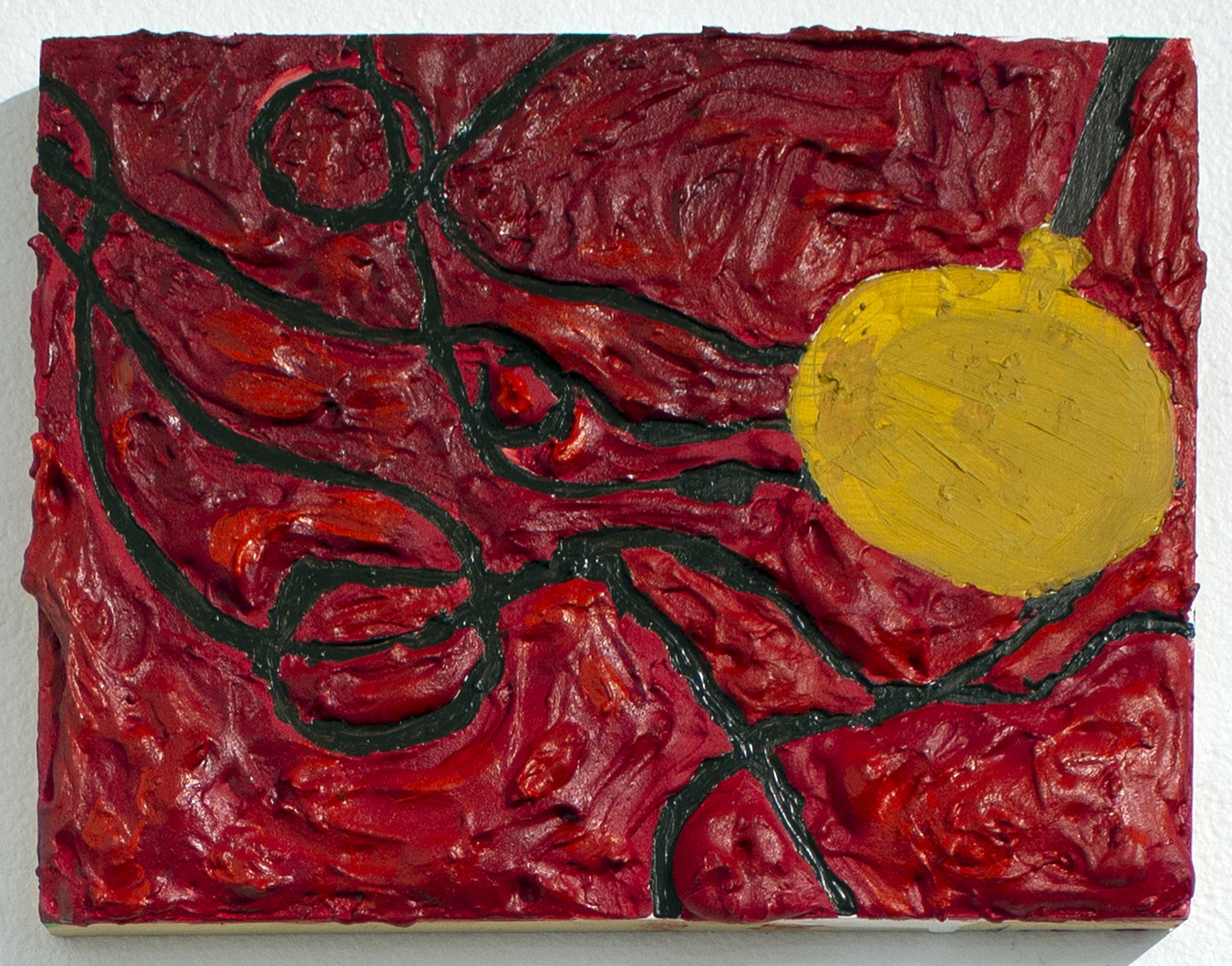 Strings on the ground, 2021, spackle, acrylic and oil paint on wood panel, 8 x 11 in. 