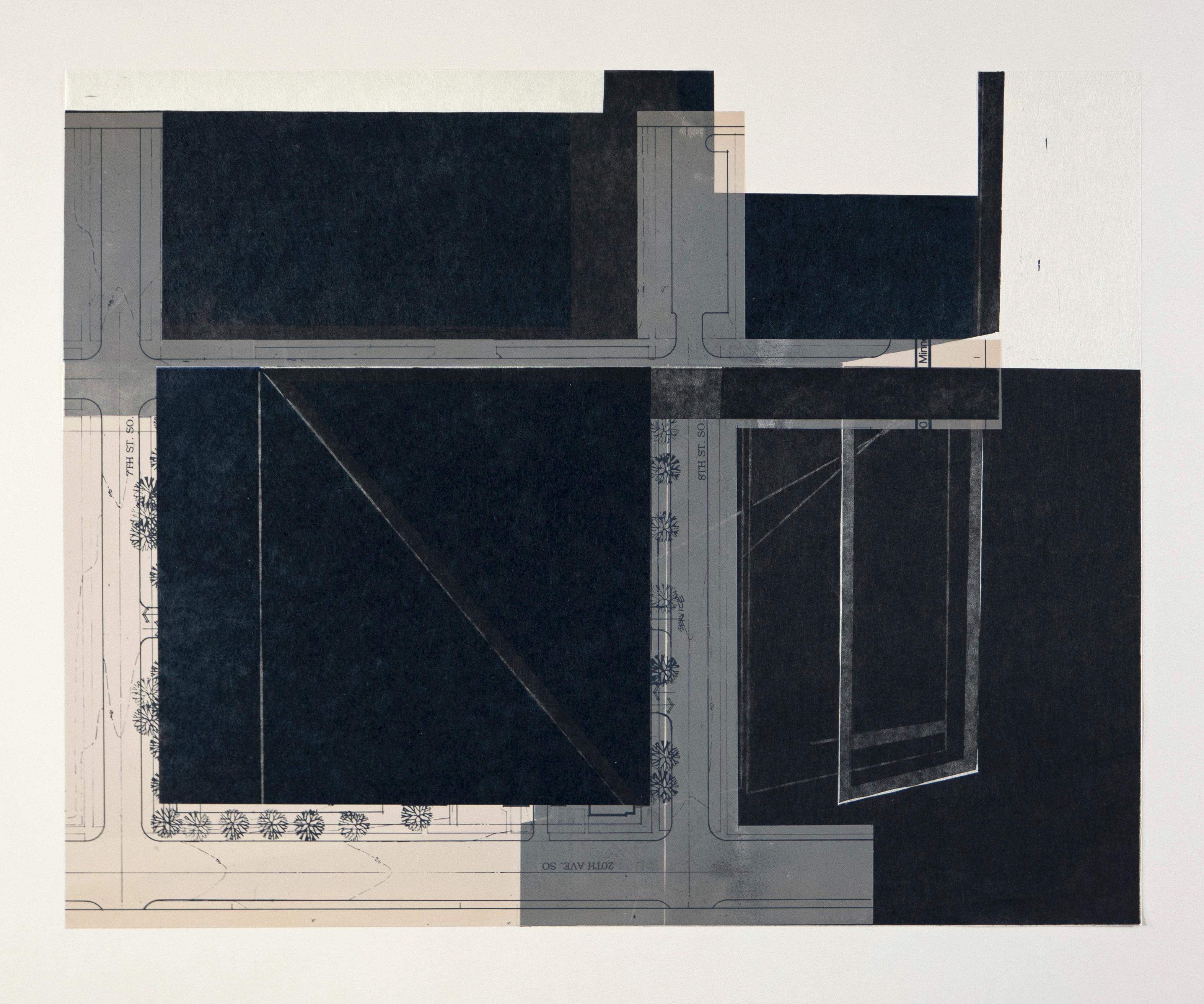 Construct 5, woodcut collage with architectural mylar plans on grey Stonehenge paper, 18" x 22.5", 2022.
