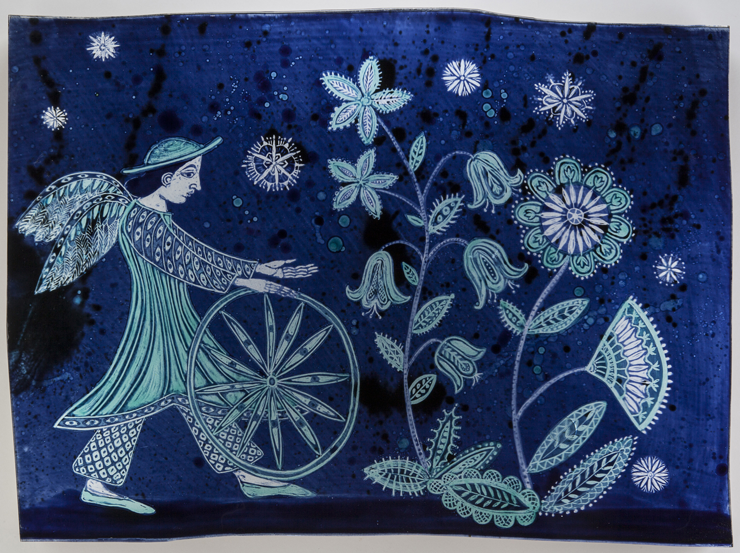 Wheel, 2016, Vitreous enamel reverse painted on glass, mounted over brushed metal panel, 24.5 x 33 x 2.5 in.