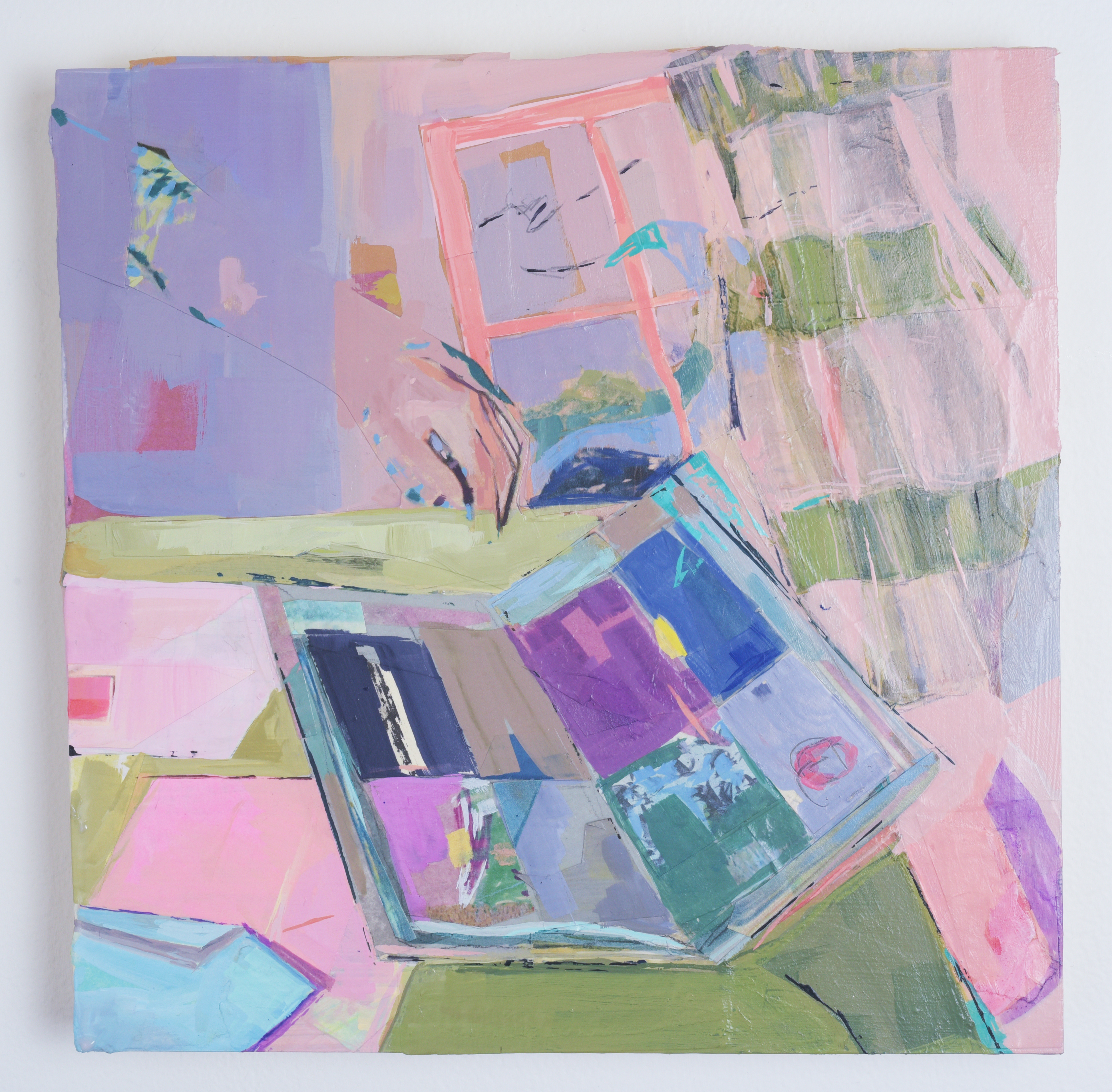 in the pink room, collaged paper and acrylic on panel,  12 in x 12 in, 2022