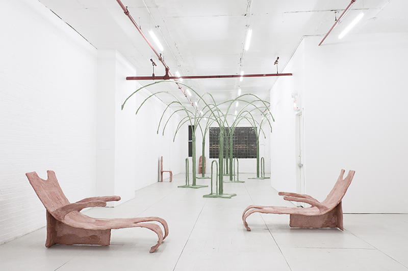 Drip Dry Eyes, 2016, concrete, pigment, burlap, pvc pipes, glass, construction steel mesh