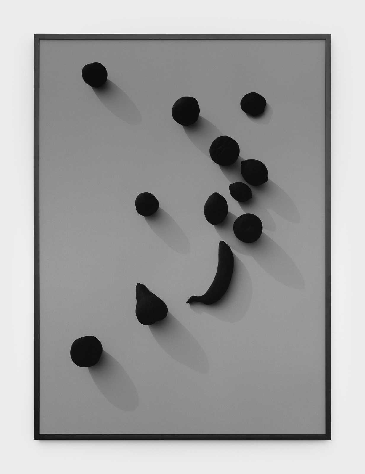 heather cleary artist, matte black fruit on gray ground