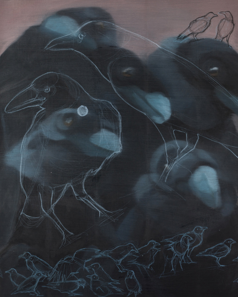 Top 8 Smartest Animals series: Ravens, oil and colored pencil on paper, 14 x 18, 2010