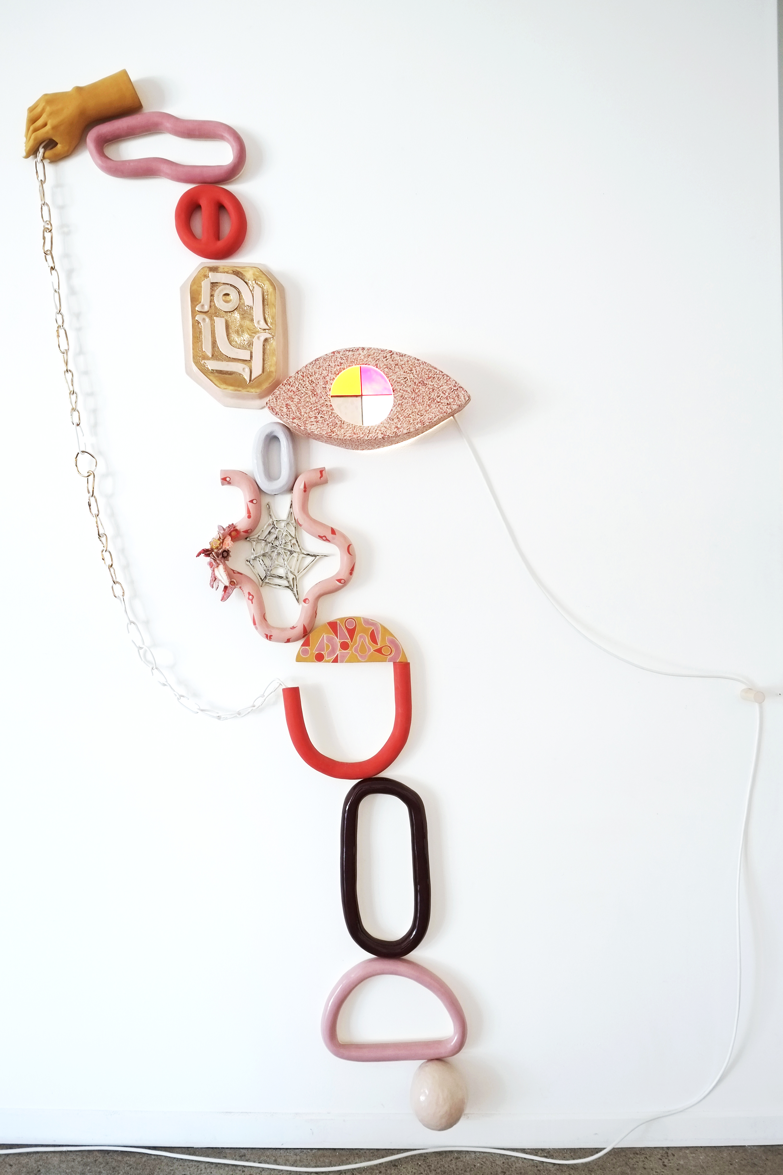 Stack Mode, Glazed stoneware and porcelain, stained glass, lighting components, 91 x 39 x 4.5 in.