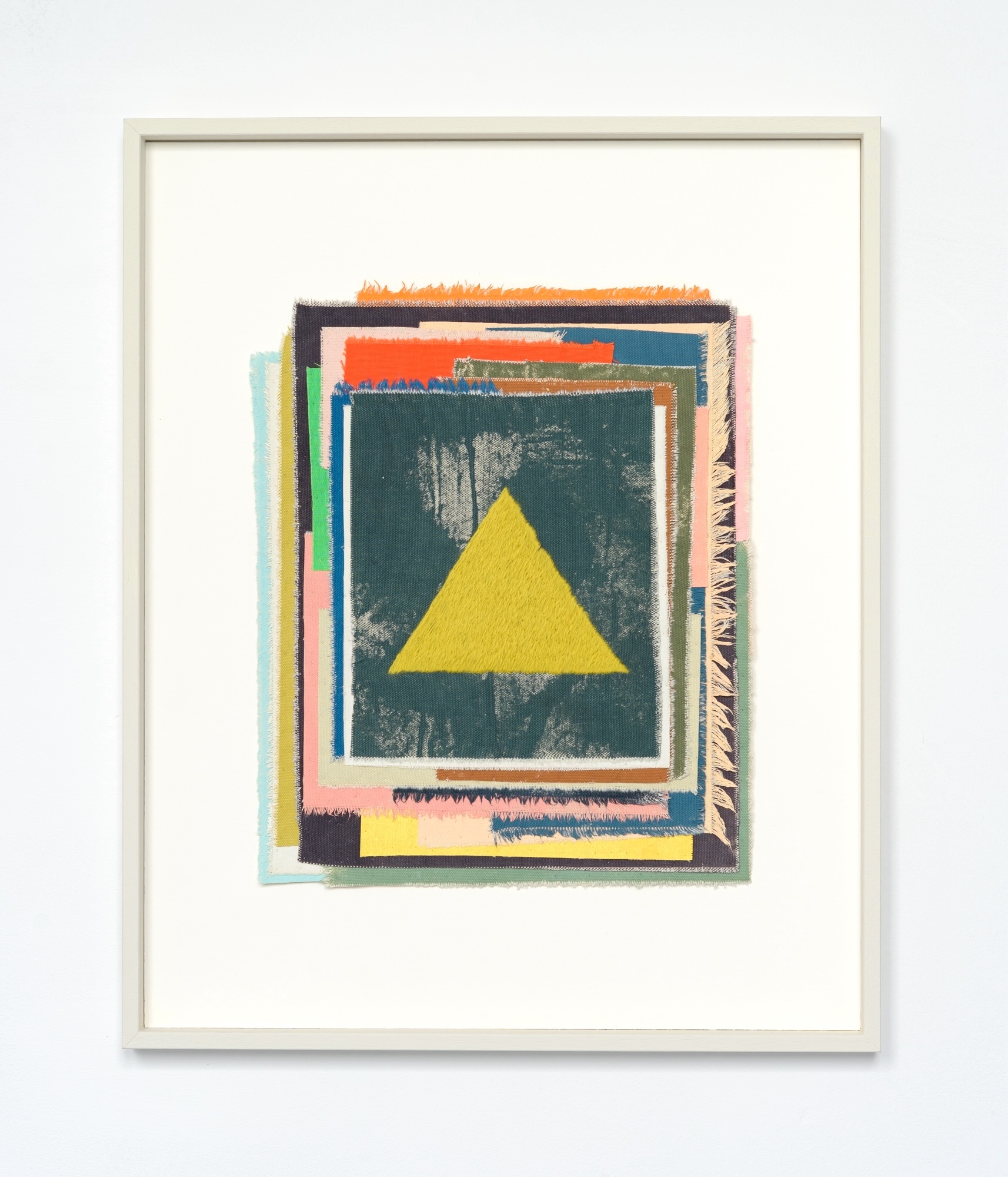 A fleeting sensation, 54 h x 44 w x 3.5 d cm(framed),. Acrylic on canvas collage with fabric and embroidery