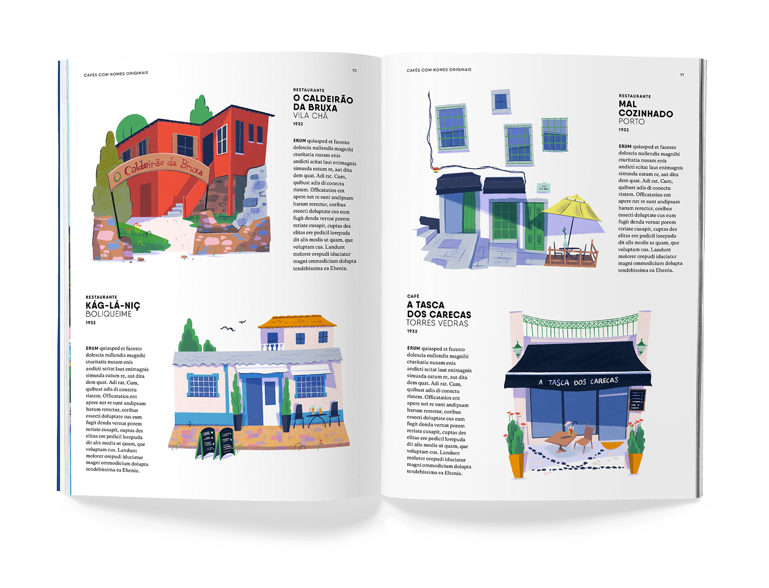 Magazine spread with four restaurant facades