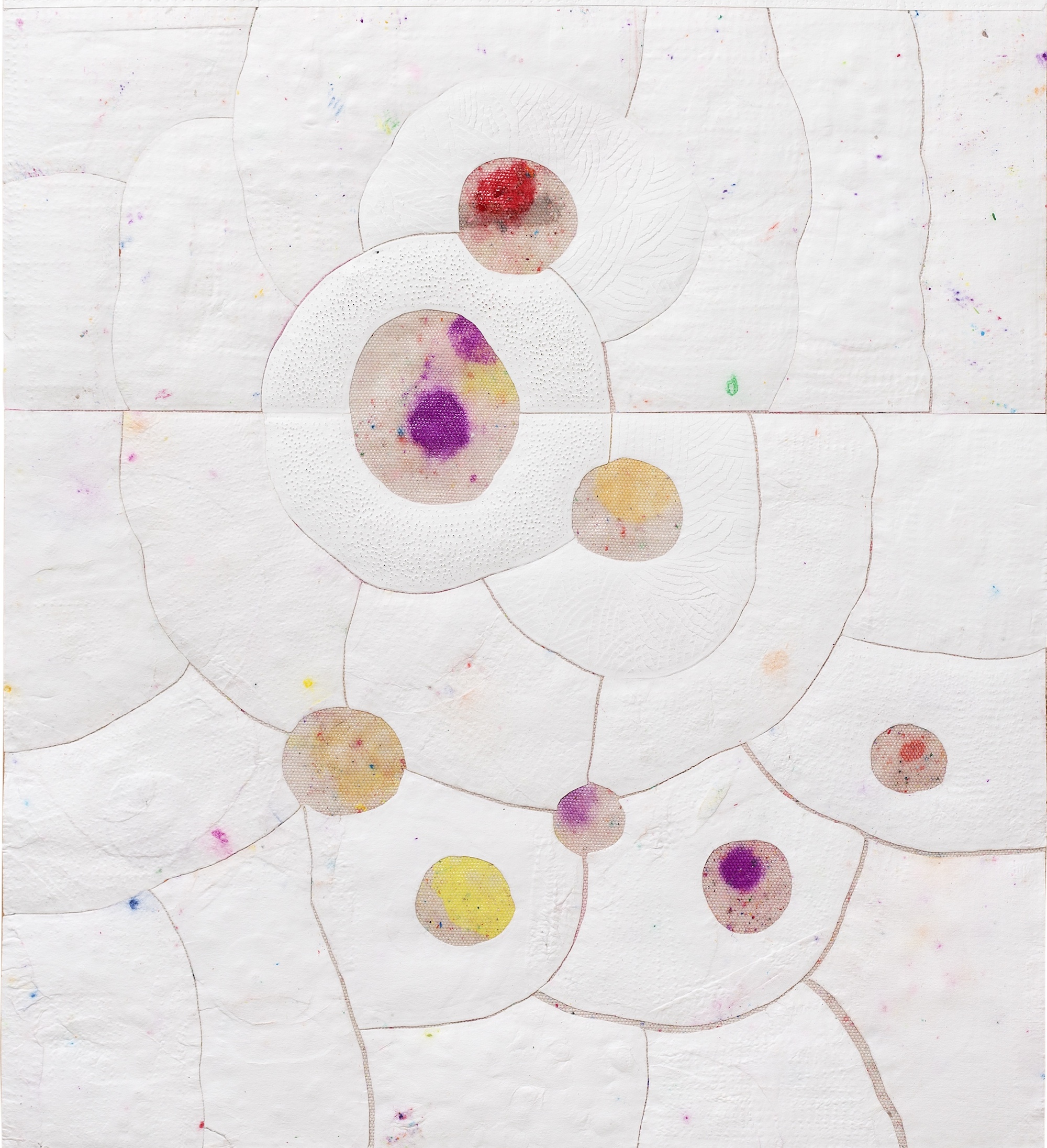  Untitled, 2019 . Color pencil, watercolor, oil, embossing, perforation and carvings on fragments of paper mounted on canvas. 45 x 40 cm