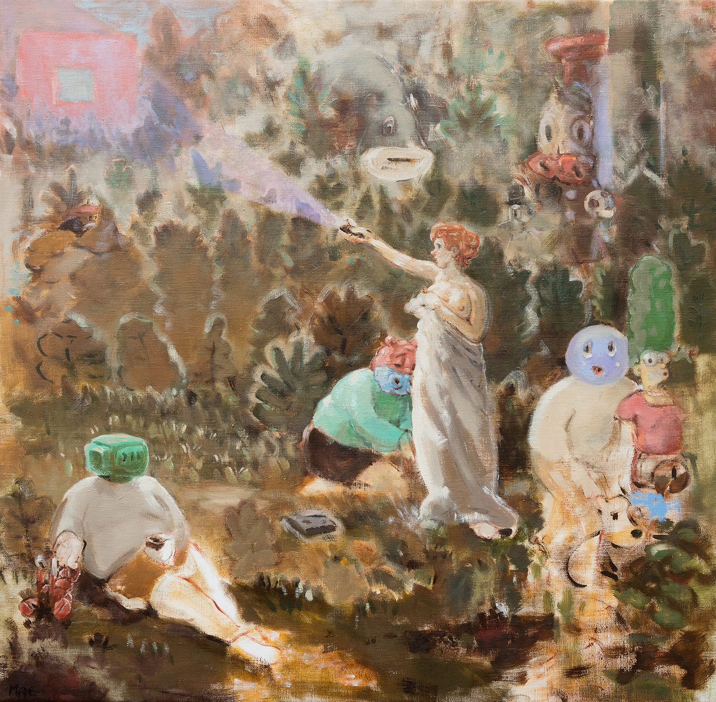 Artemisa Convierte a Acteón en un Albers | Artemis Turns Actaeon into an Albers (2019-20), oil on linen, 79 cm x 79 cm. Después de C. Corot