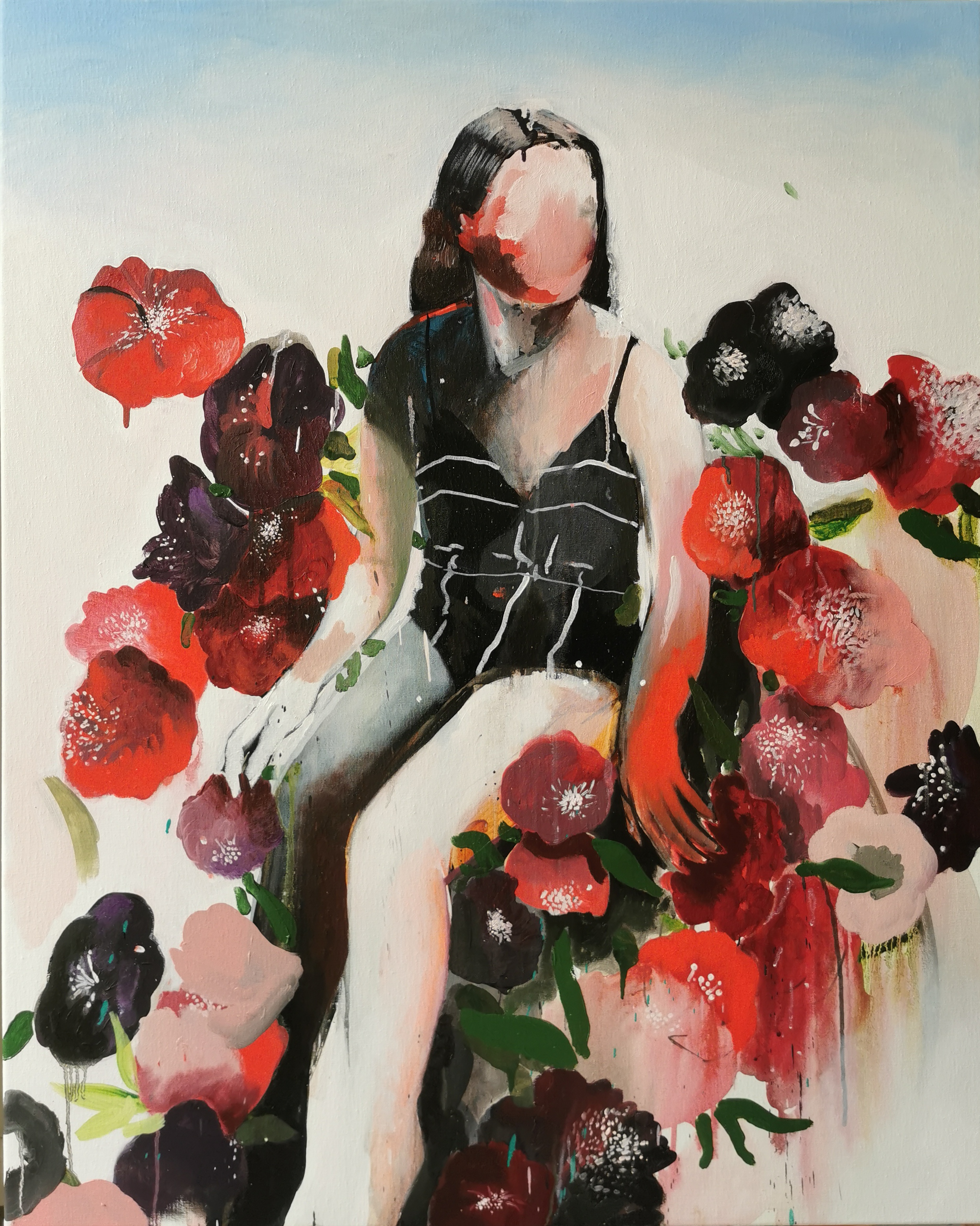 Girl with flowers, acrylic and oil on canvas, 100/80 cm