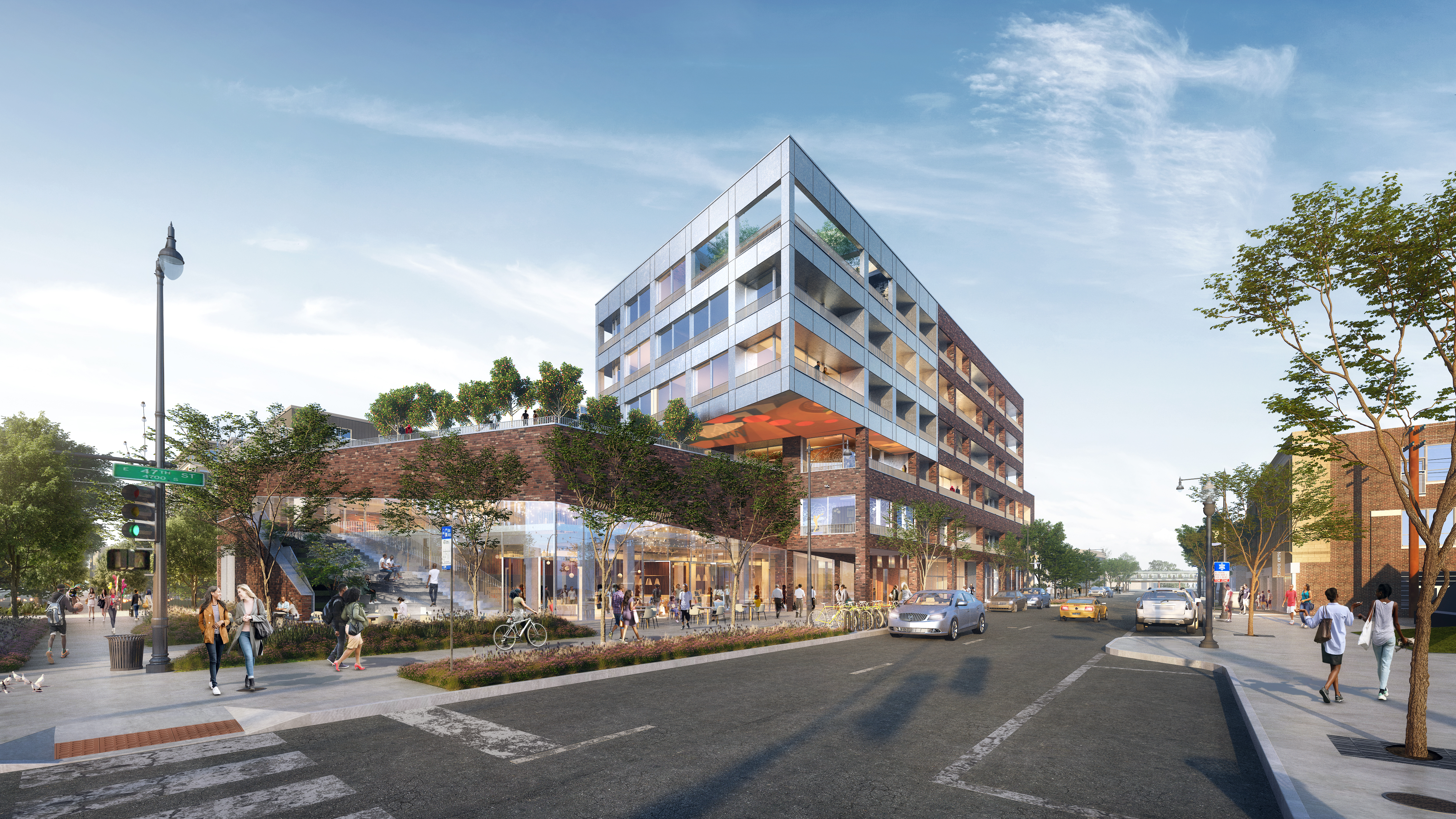 The corner plaza and colonnade are contributing to the creation of spaces with repose, walkability, and diversity of spatial qualities within the corridorRendering © Hard Rock Digital Technology Co. LTD