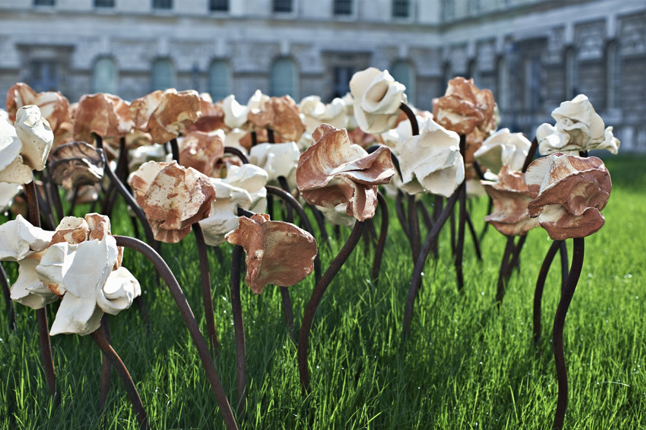Fernando CasasempereReminiscence of Out of Sync, 201026 ceramic flowers with metallic stemVariable dimensions
