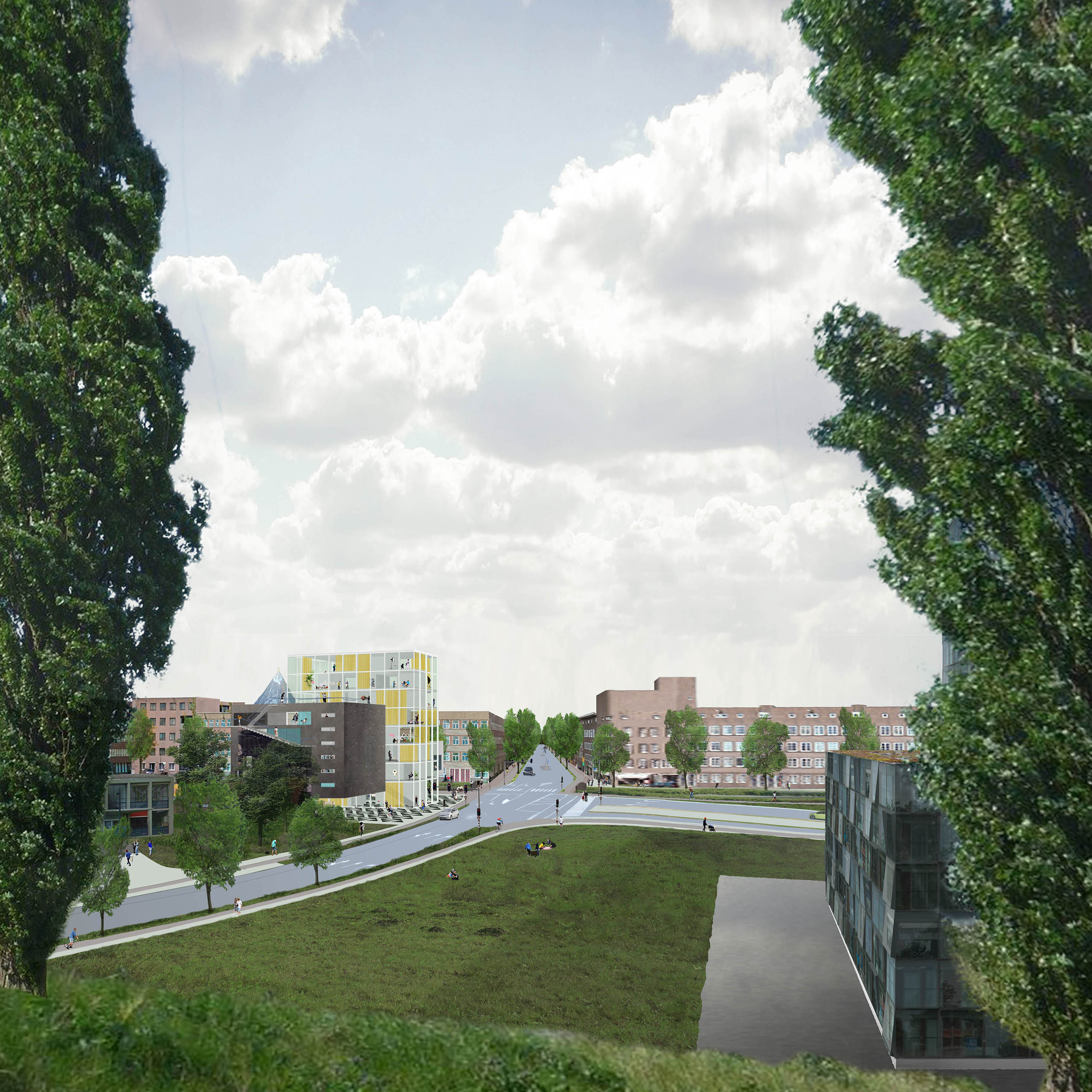 Rebellious act, Proposal intervention in the urban fabric, connecting, activating exchanging by adding new program on an existing non interesting carpark on a crossroad of three very different neighbourhoods in Amsterdam East, NL.