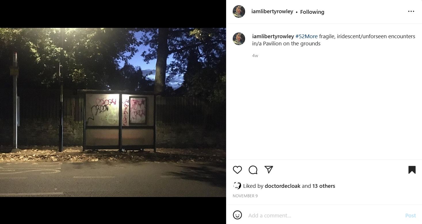 Instagram post by @iamlibertyrowley. A bus stop with graffiti on it lit be a streetlamp. There is pavement in front of it and trees in the background. The text reads: "iamlibertyrowley #52More fragile, iridescent/unforseen encounters in/a Pavilion on the grounds"