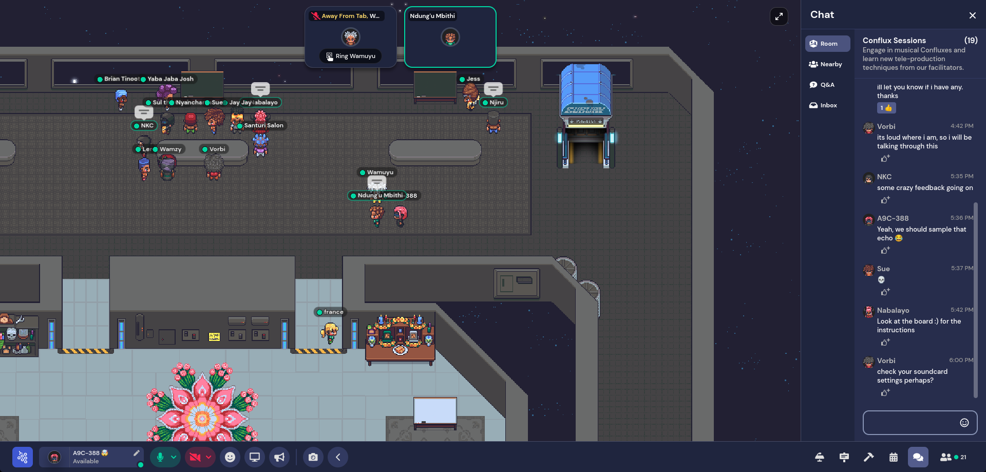 A screenshot of the ANANSI Roaming Complex in gather.town during the ARC: CONFLUX.