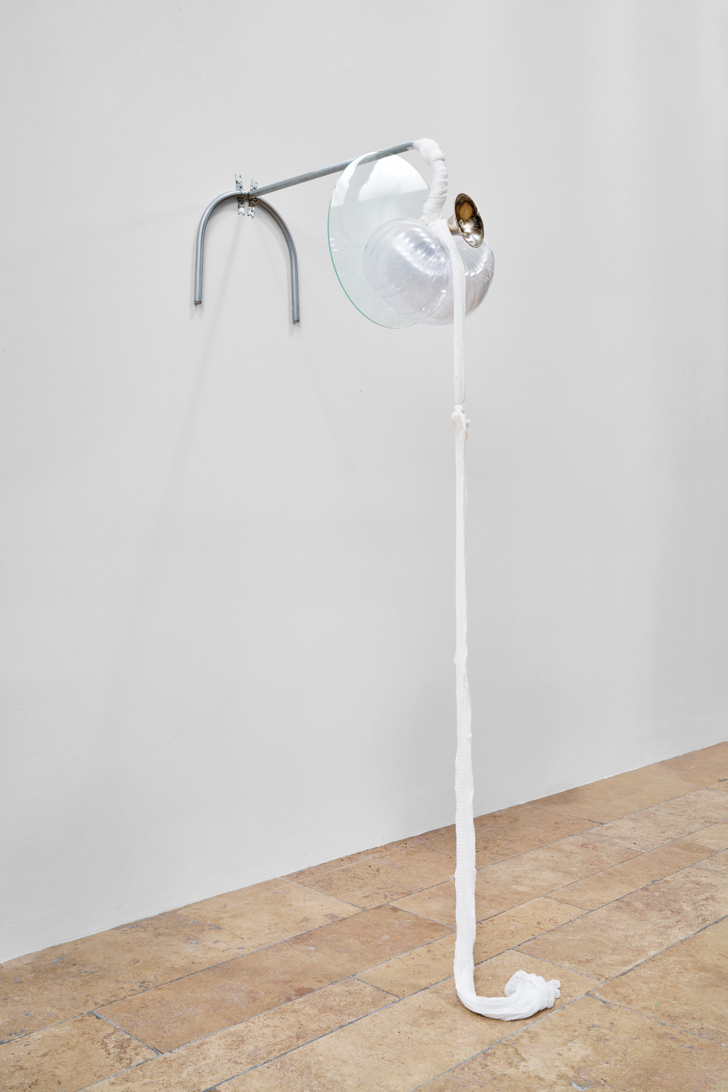 Inclinare, 2025 Postmodern glass side table, acrylic, silver-plated horn, stockinette and spray paint 40 x 40 x 80 cm 15.8 x 15.8 x 31.5 inches