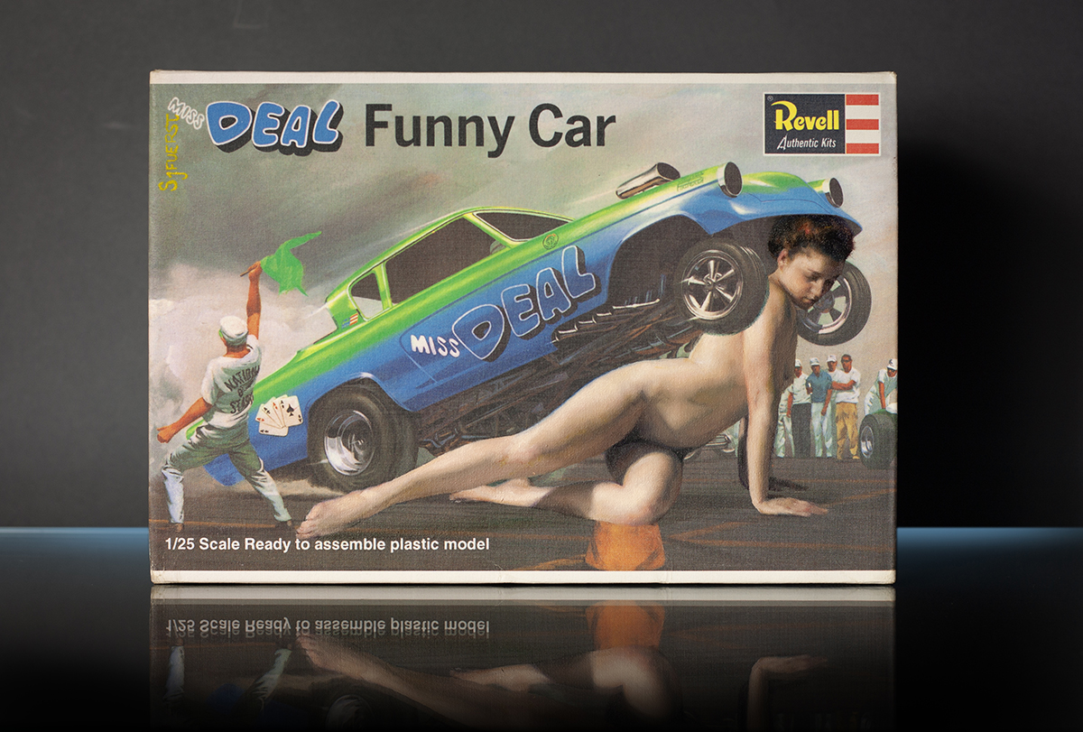 'Miss Deal'. Oil paint on Revell model car box. 23.5 x 16.3 x 8.4 cm