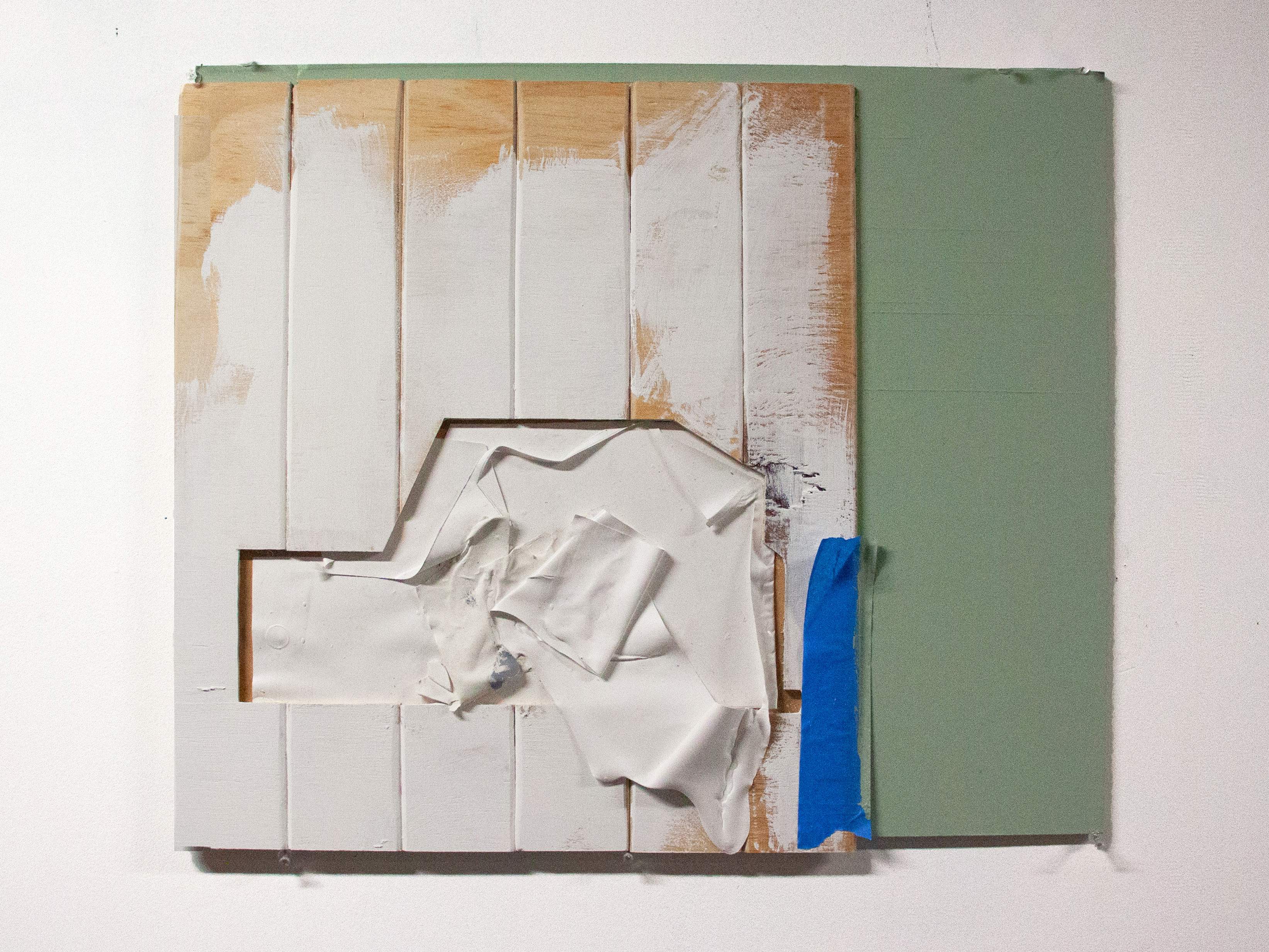 The Neighbors bad Paint Job, Blue Painters tape, paint skins and found pieces of a home, 20 x 24, 2024