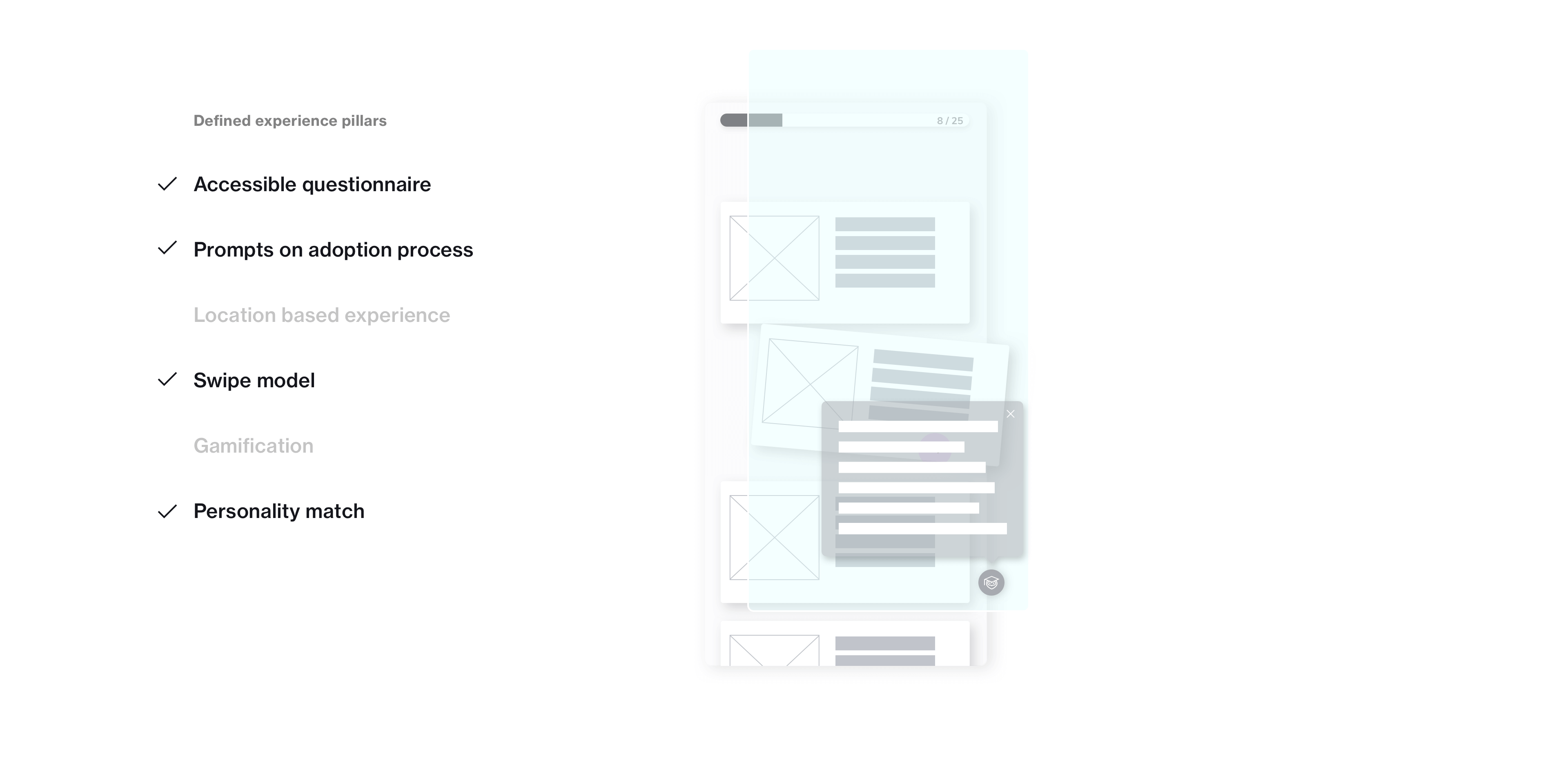 The questionnaire and the adoption prompts will follow the user throughout the entire experience as a top level experience.