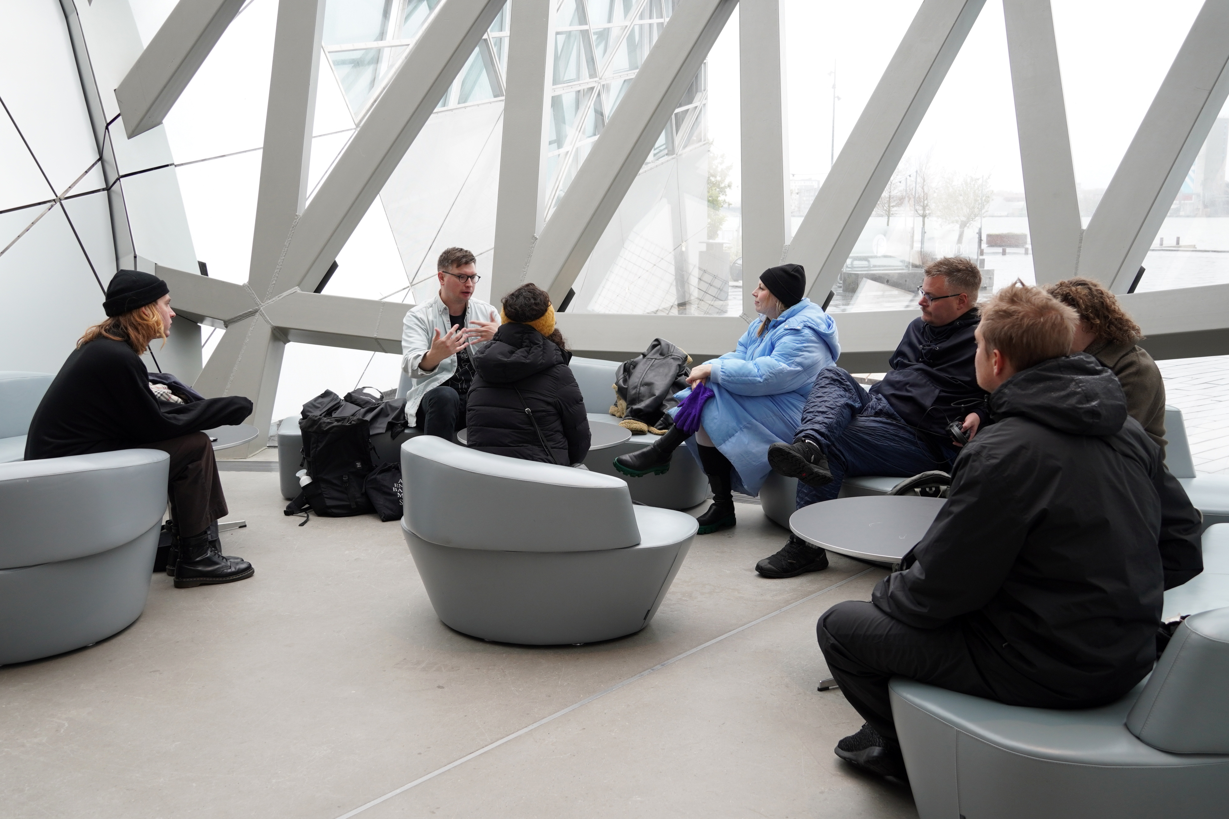 Documentation of performative sound walk as part of Bodies of Waves by Razan Sabbagh, Aalborg Harbour, Aalborg, 2023. (photocredit: Noah Holtegaard)