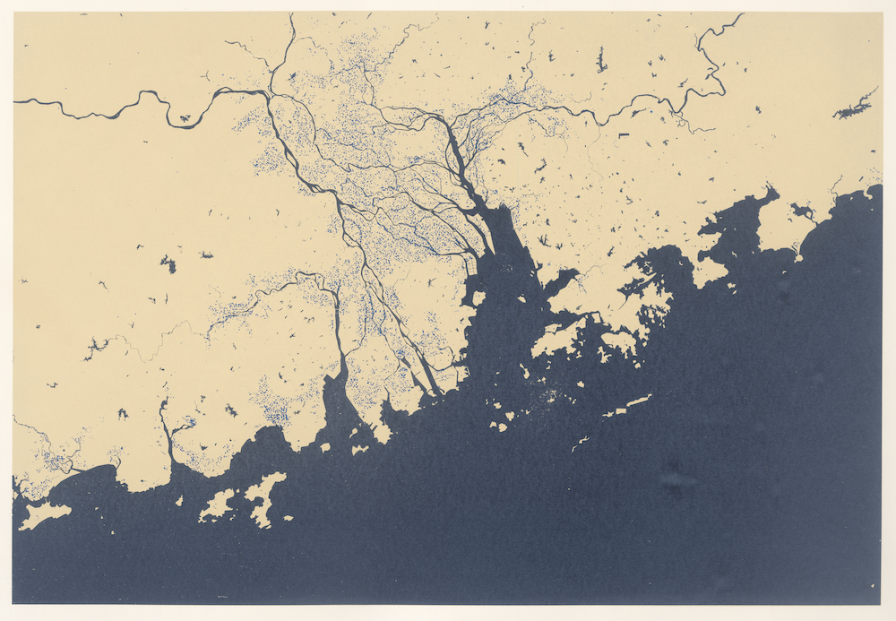 Lucas Ihlein, Guangzhou Delta Haiku: Pearl River Delta Sea Level Rise Maps - Light blue colour indicates land already below sea level, screenprint on paper, 2016.