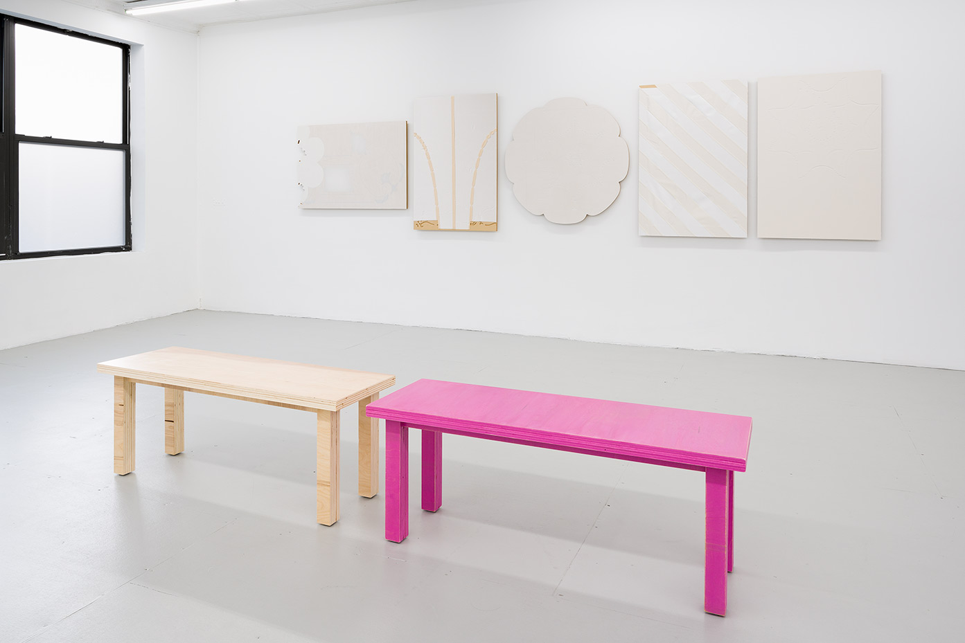 Bench for Sitting - Clear and Bench for Sitting - Pink, 2024, acrylic on wood; each: 18 1/2 x 46 3/4 x 15 in. (47 x 118.7 x 38.1 cm.)