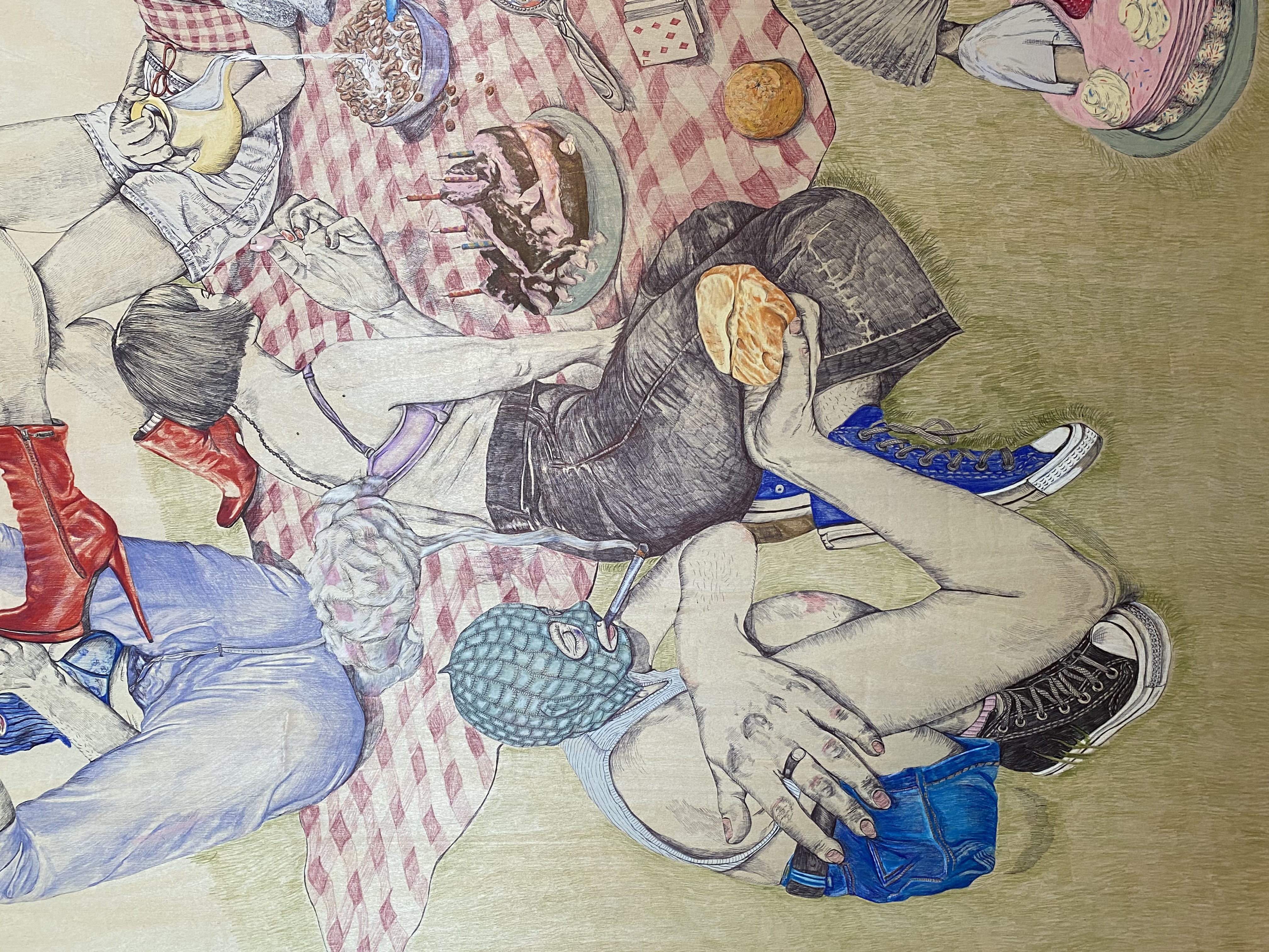  alone at the picnic, detail, colored pencil on wood