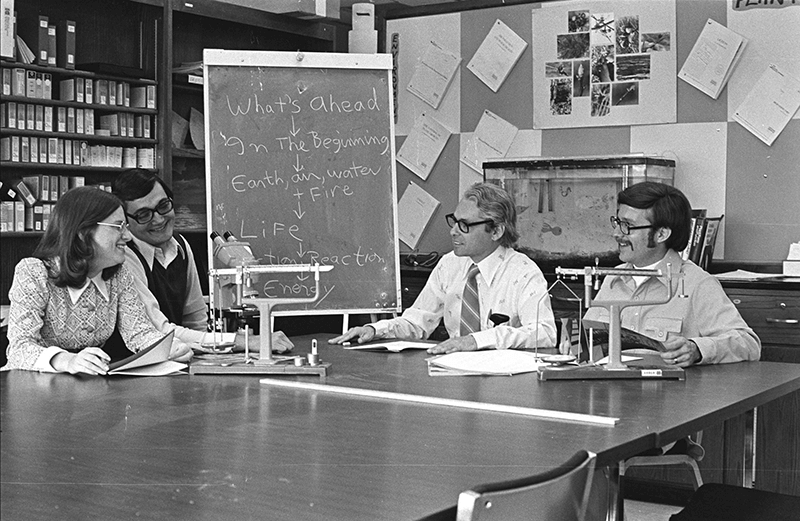 Susan "Sue" Bard (Science/Biology) Roland "Chip" C. Chapdelaine (Biology) Daniel Friedman (Prof. Chemistry, Physics) Russell "Russ" A. Poch (Physics), “Slide Show for integrated Science Curriculum”, 1978