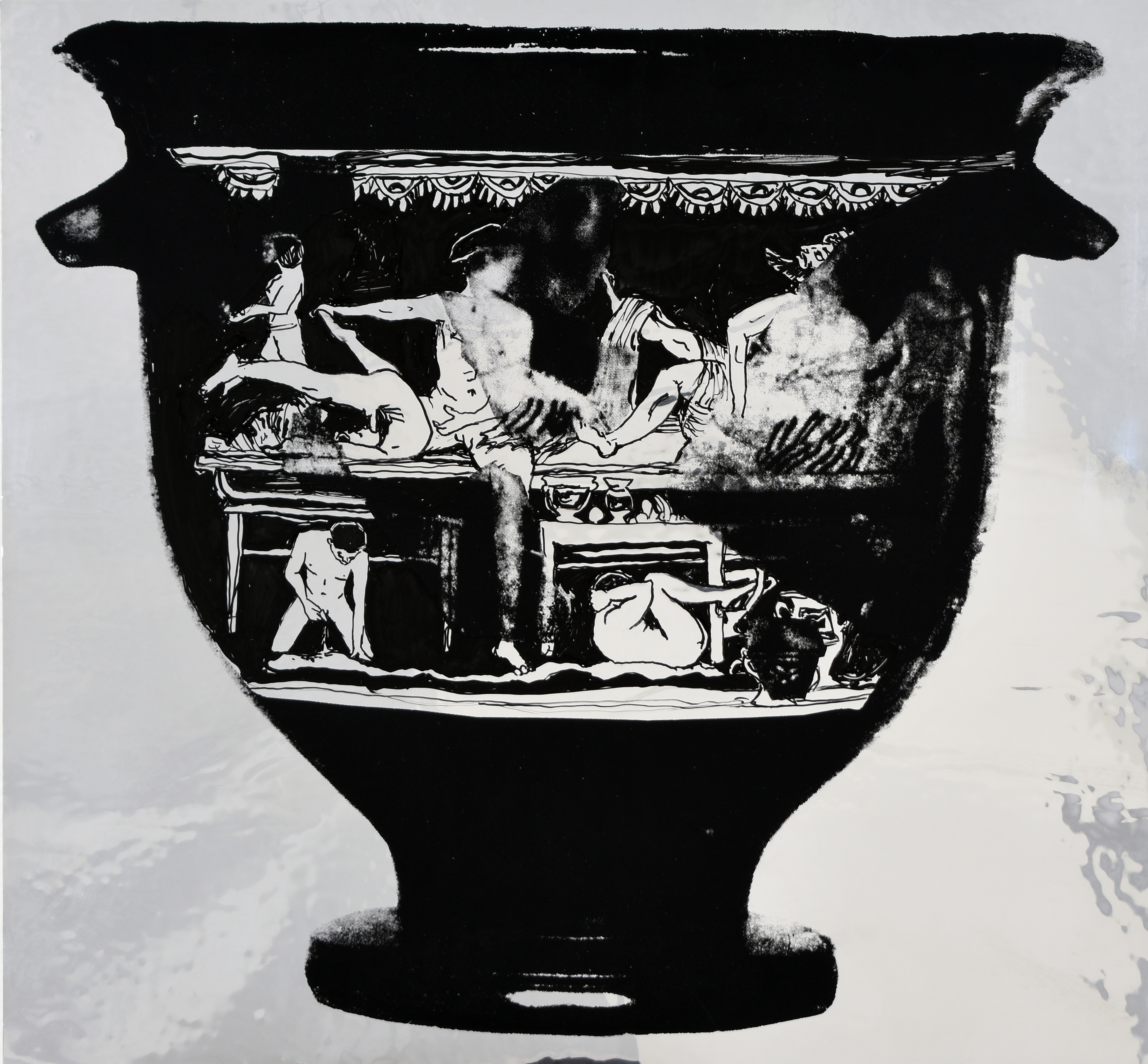 214546 (M.DR.01) A, B: Symposium, Youths Reclining, One Playing Kottabos, Women, Tables, Screenprint and acrylic drawing on double aluminized polyester film, 17 x 18.25 in., 2024