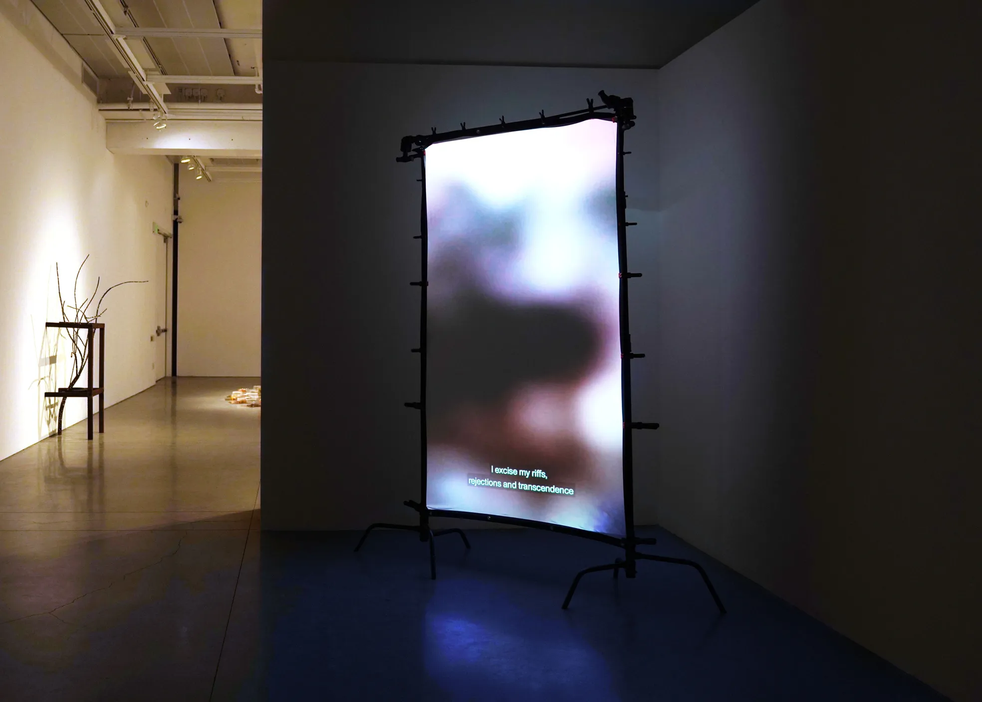 A dark exhibition space has a freestanding blurry projected video angled in the right corner. The space opens to a more lit rectilinear sculpture containing an upright branch.
