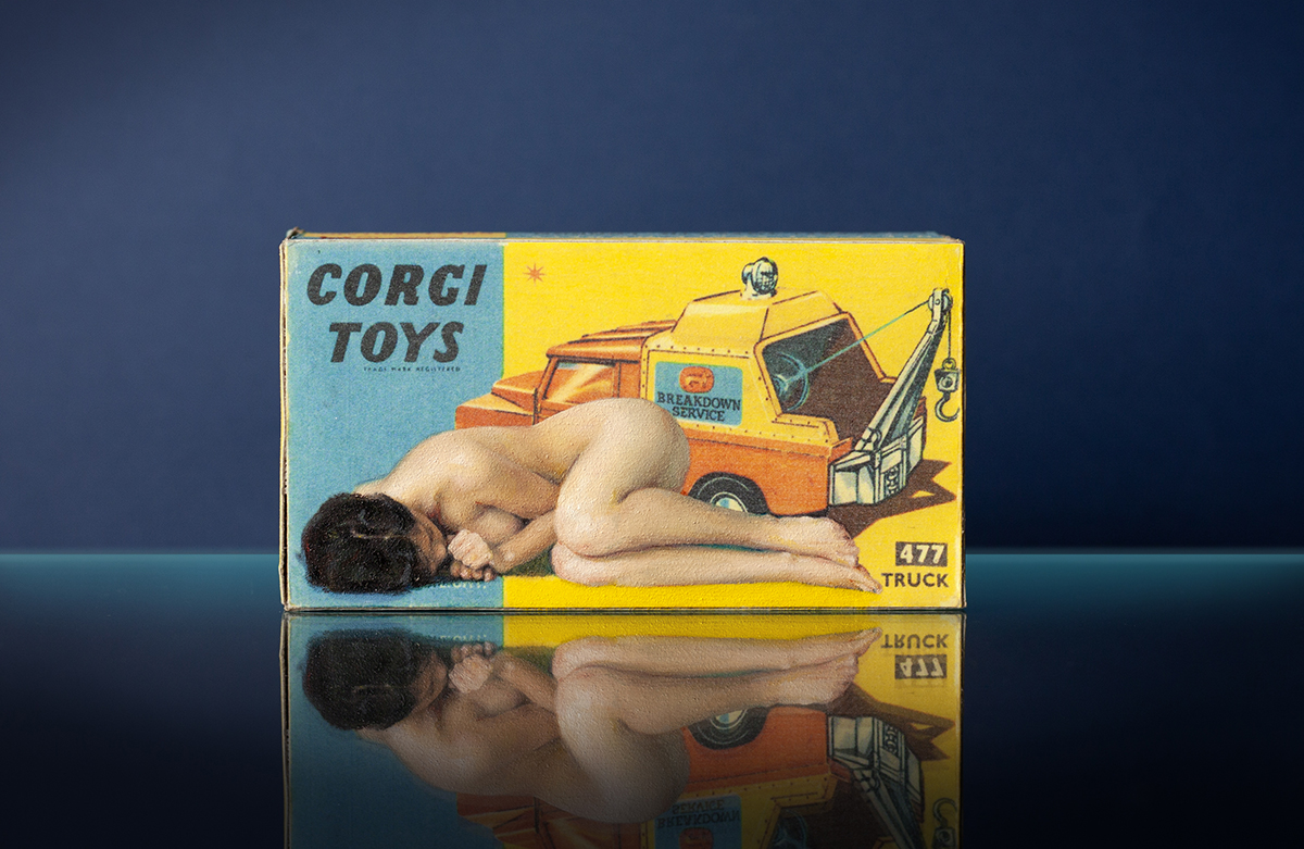 'Breakdown Service'. Oil paint on replica Corgi Toys box. 11 x 5.9 x 4.1 cm