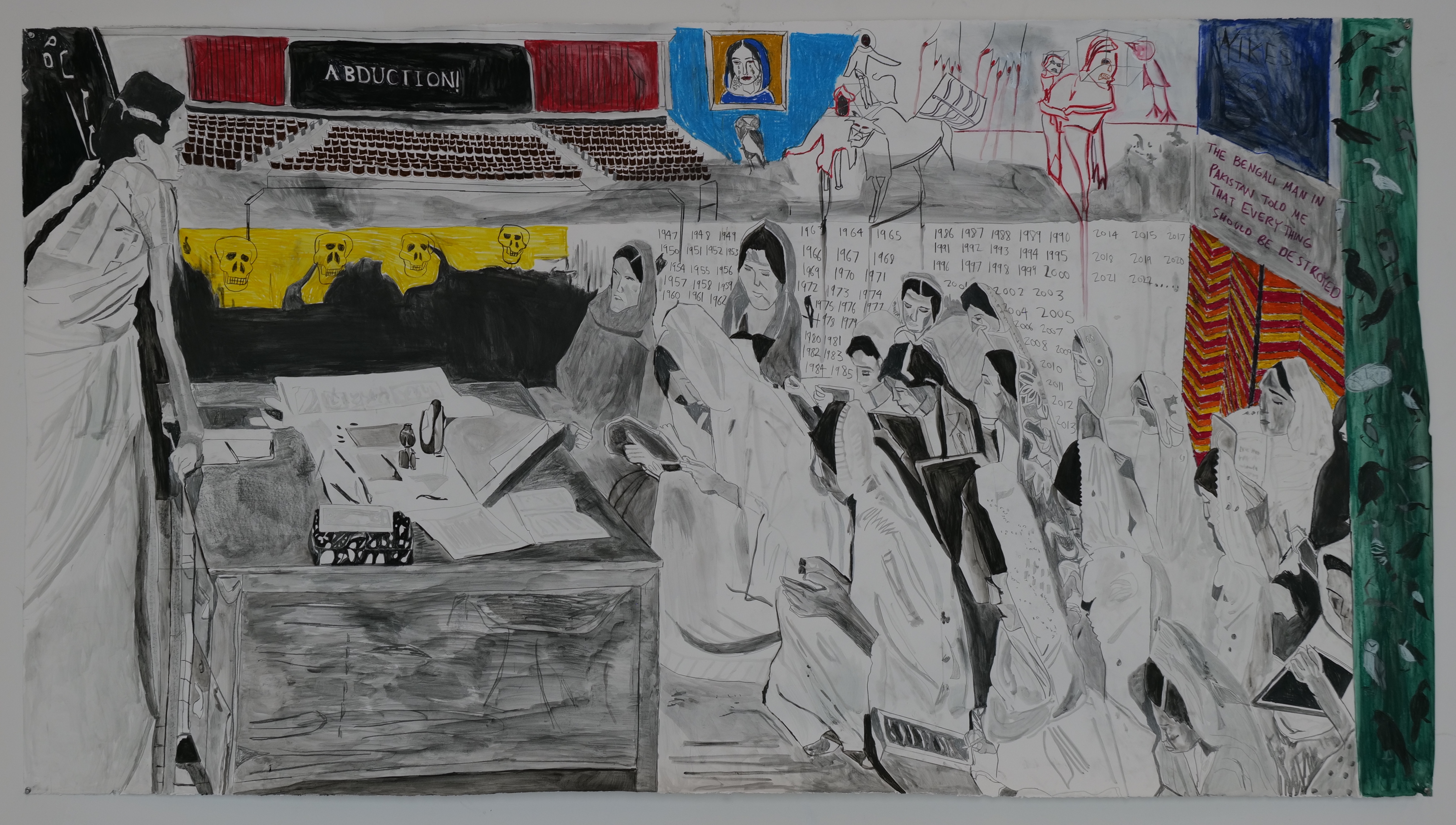 Abduction!, 2022, mixed media on paper, 50 1/4 x 91 1/2 inches (127.6 x 232.4 cm)