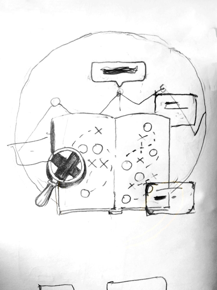 My initial sketch breaking down the core pieces of the concept into recognizable forms that tell the story of the feature and figuring out the initial design.