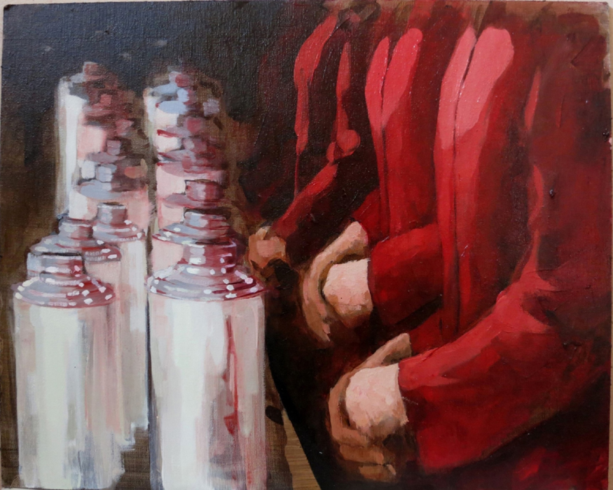 Tea refillers. Oil on canvas on board, 33 x 41 cm.