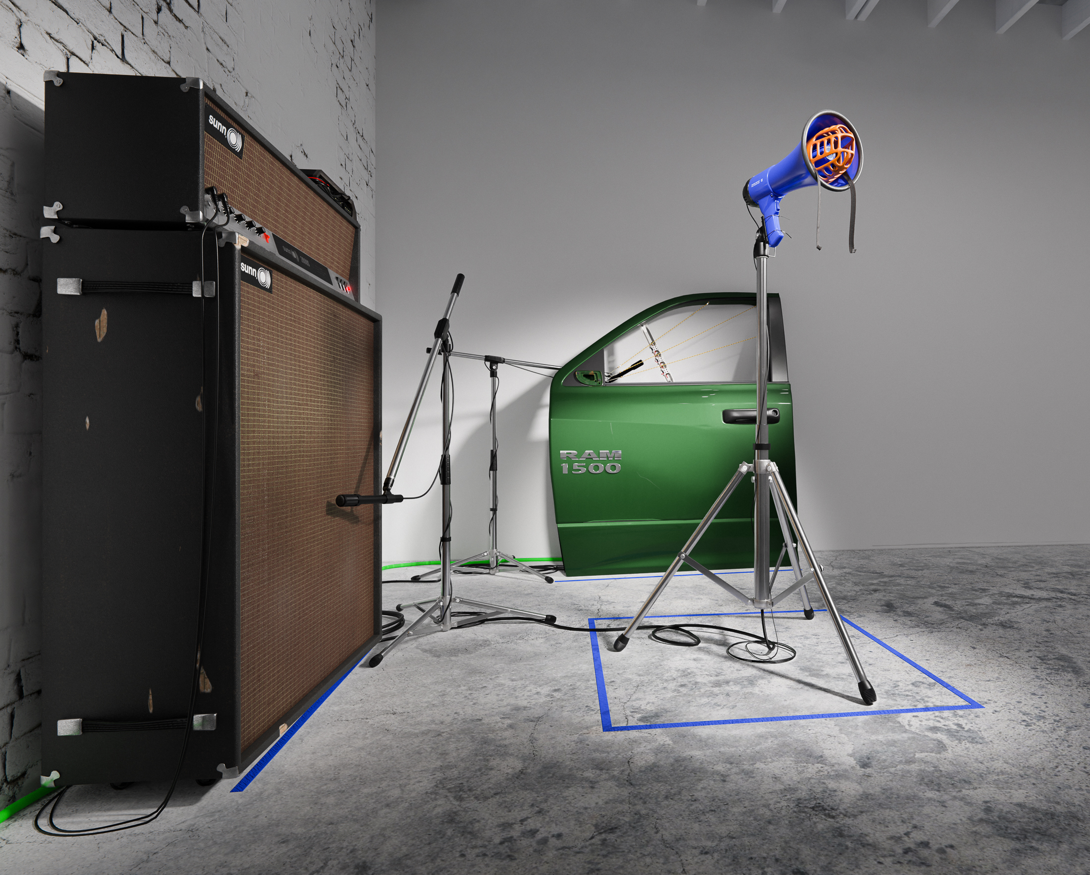 Zero sum just remainder, 2022, megaphone, muzzle, truck door, electric fence wire, solenoid servo motors, plectrums, hardware, guitar amplifier, cabinet, arduino controllers, zip ties, mics, mic stands, cables, tape, dimensions variable