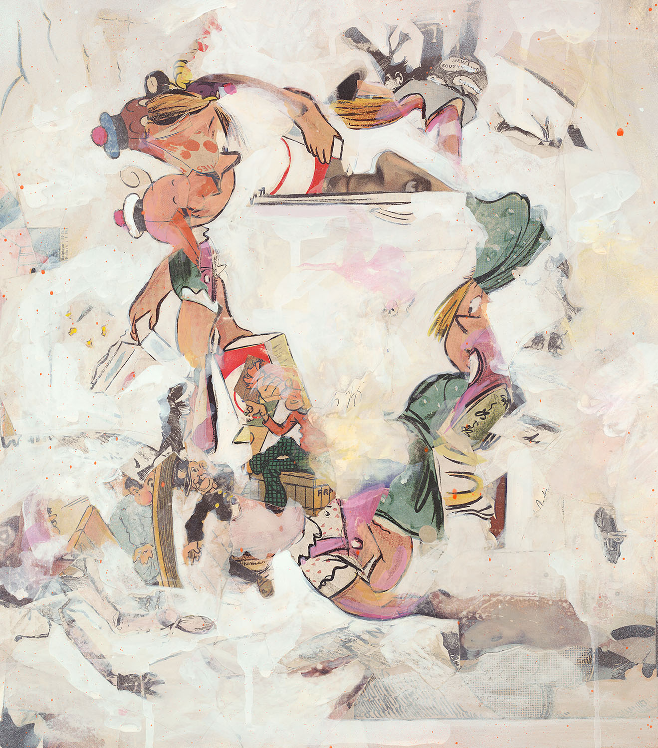 Post Triangle, 2009, Original acrylic on canvas with printed background, 56 ¾ x 39 ¼ in.  Original paper collage study, gouache, on museum board, 17 ½ x 15 ½ in. Collection of Blake Byrne, Los Angeles.