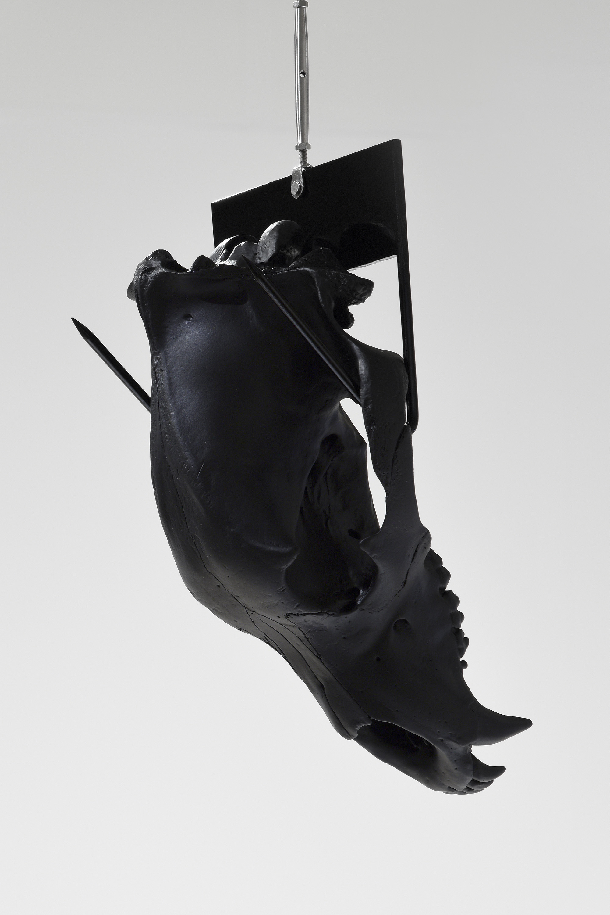 Pyytää (to hunt/to ask) (detail), 2018, Tanned elk hide, museum replica brown bear skull, fuel cans, rifle bipod, automotive paint, stainless steel, and steel, Dimensions variable