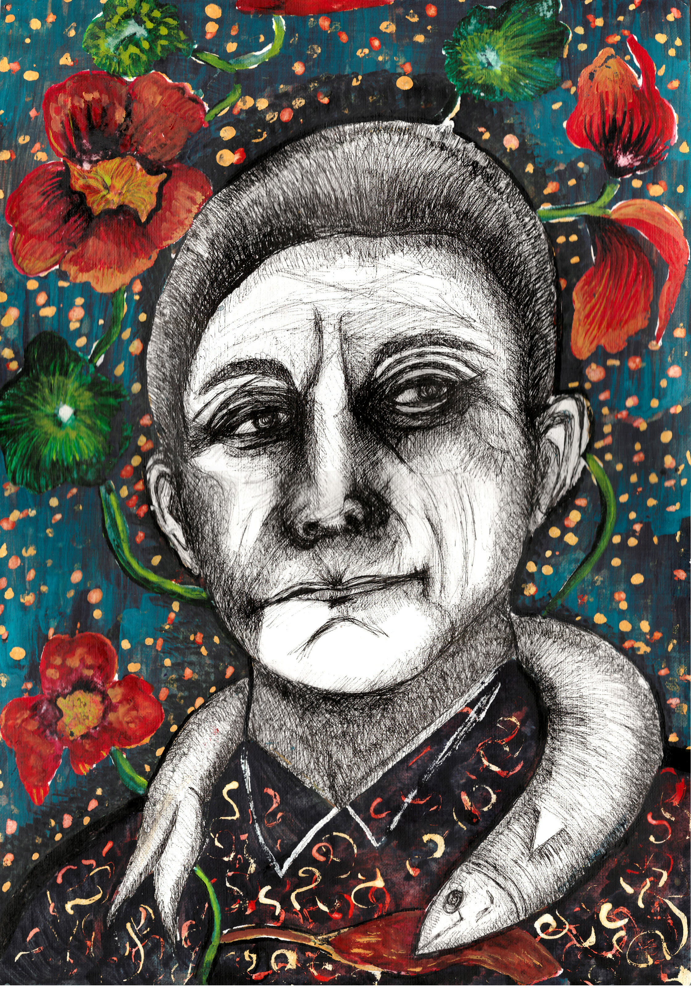 Charles en fleurs,2020,huile sur papier/encre de chine,42x29,5cm