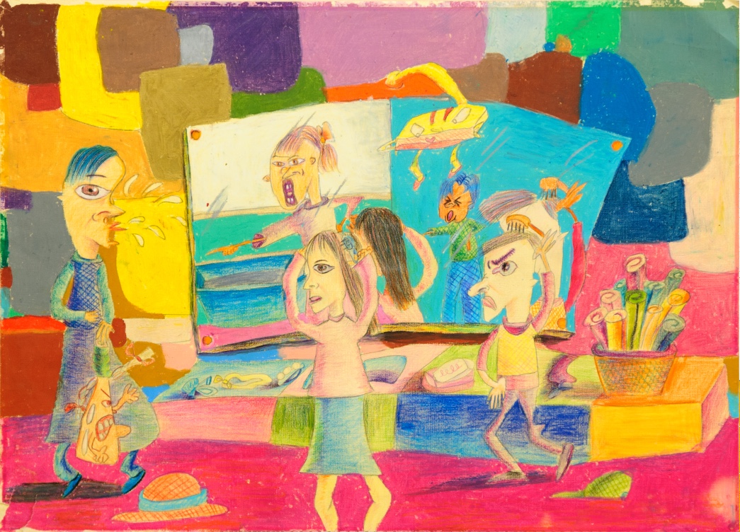 A Busy Morning / colored pencil, crayon on colored paper / 2005 (age 11)